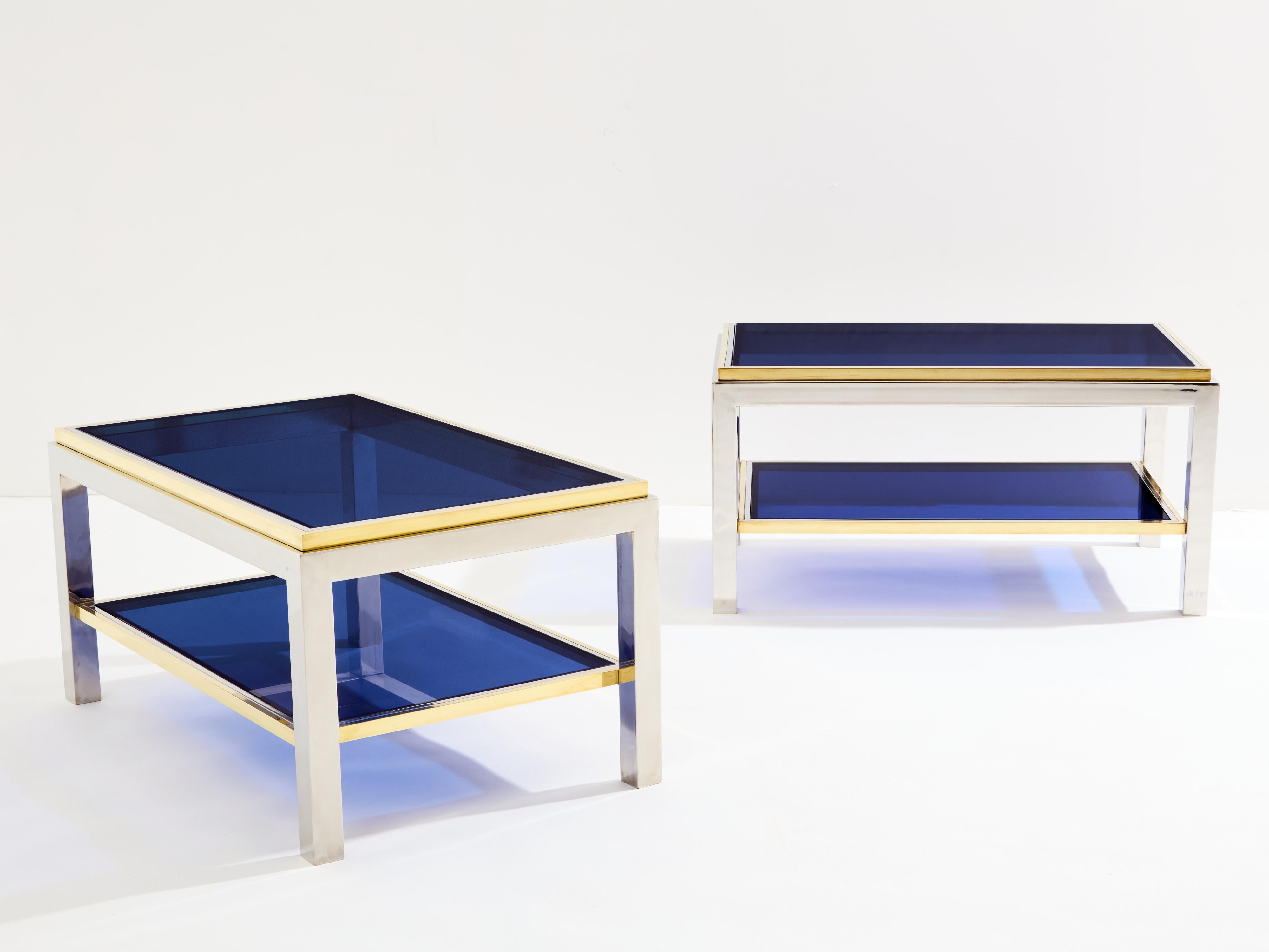 Fin du 20e siècle Paire de tables d'appoint à deux niveaux en laiton et chrome Willy Rizzo Flaminia 1970 en vente