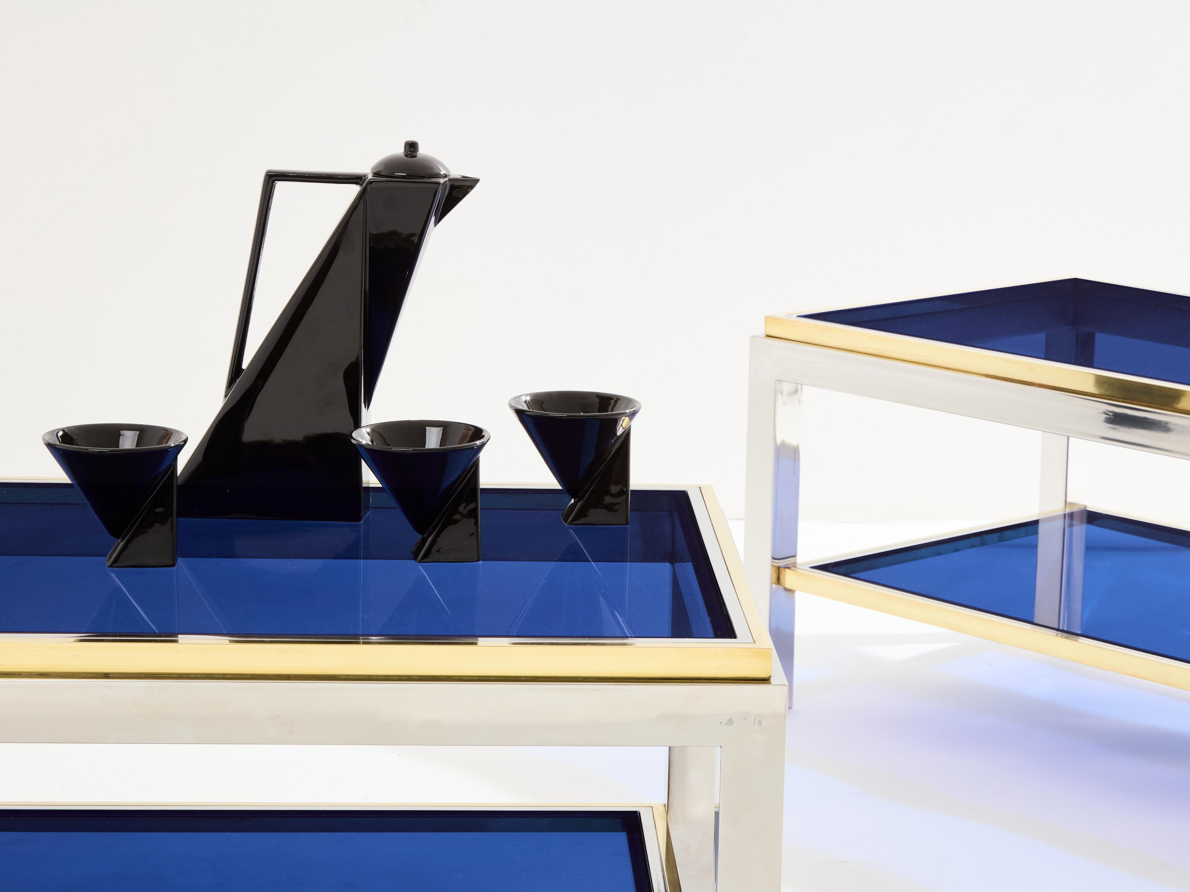 Laiton Paire de tables d'appoint à deux niveaux en laiton et chrome Willy Rizzo Flaminia 1970 en vente