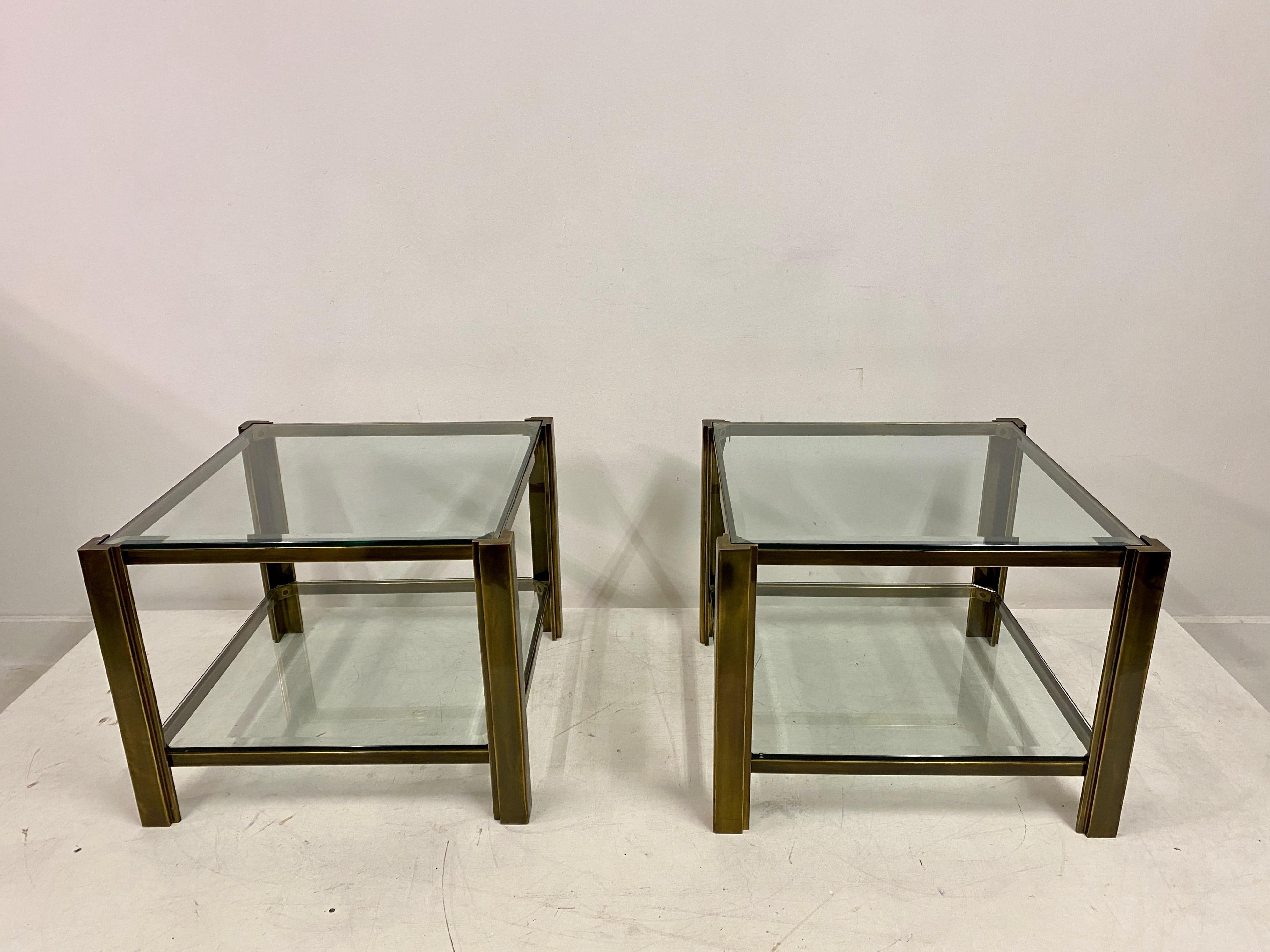 Pair Of Two Tier Brass Side Tables In Good Condition In London, London