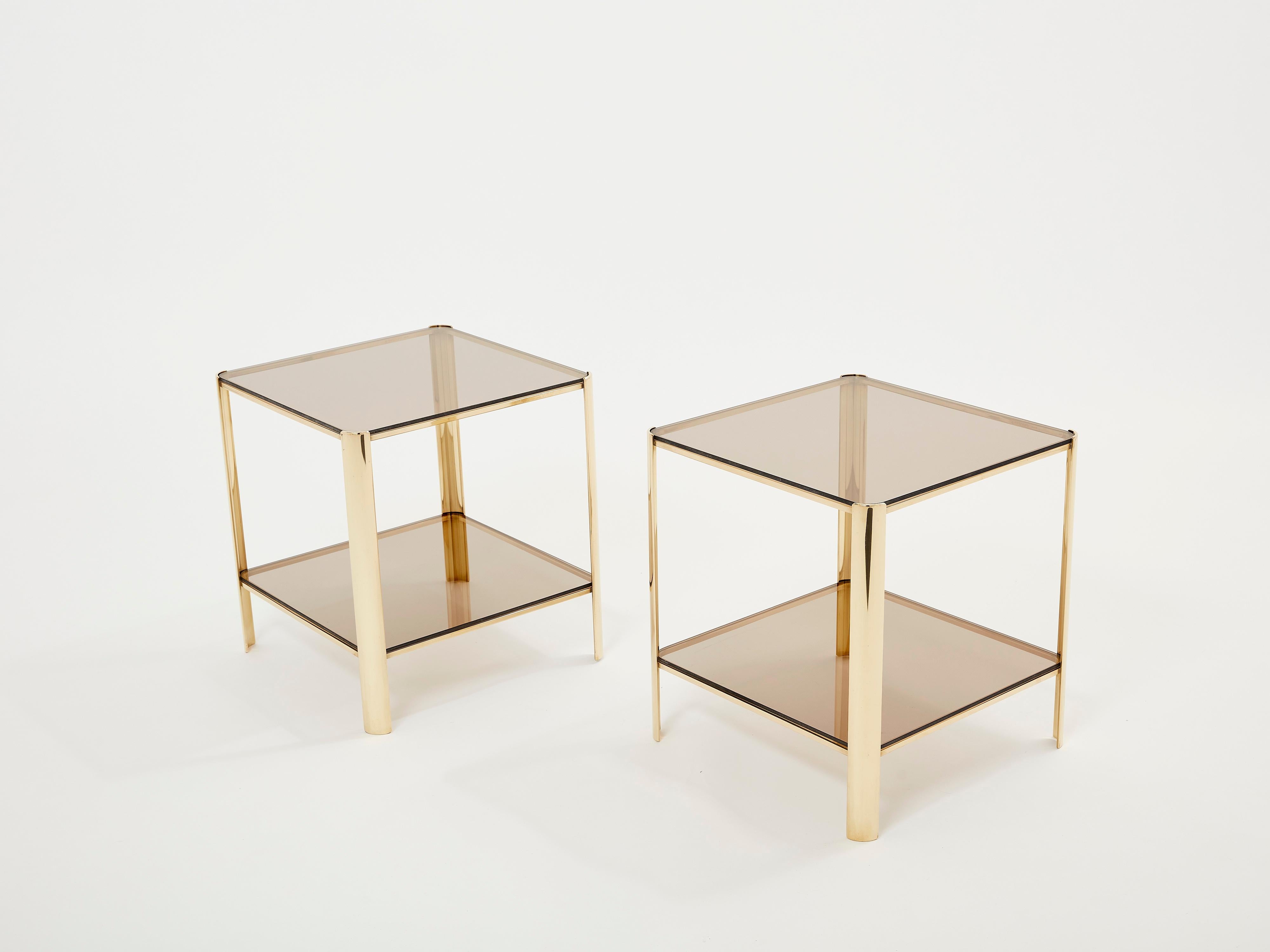 Mid-Century Modern Pair of Two-Tier Bronze End Tables by Jacques Quinet for Broncz, 1960s For Sale