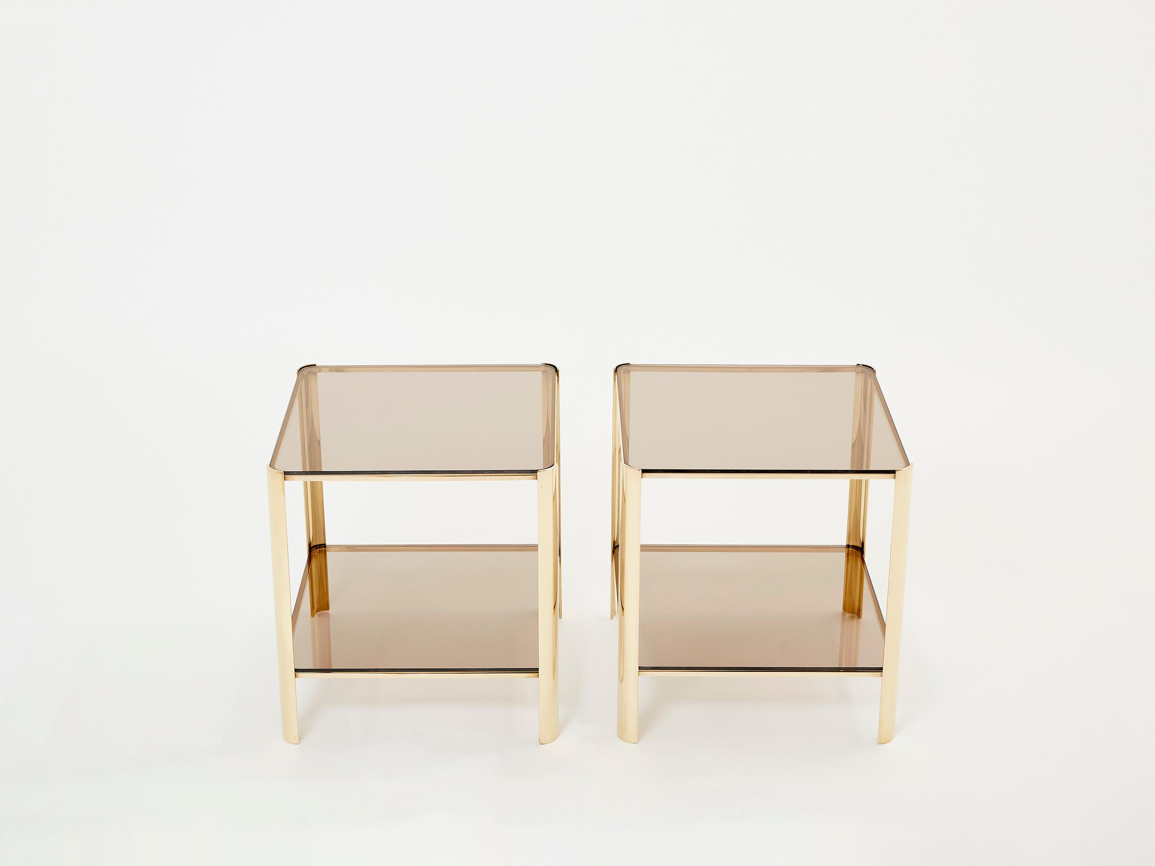Mid-20th Century Pair of Two-Tier Bronze End Tables by Jacques Quinet for Broncz, 1960s For Sale