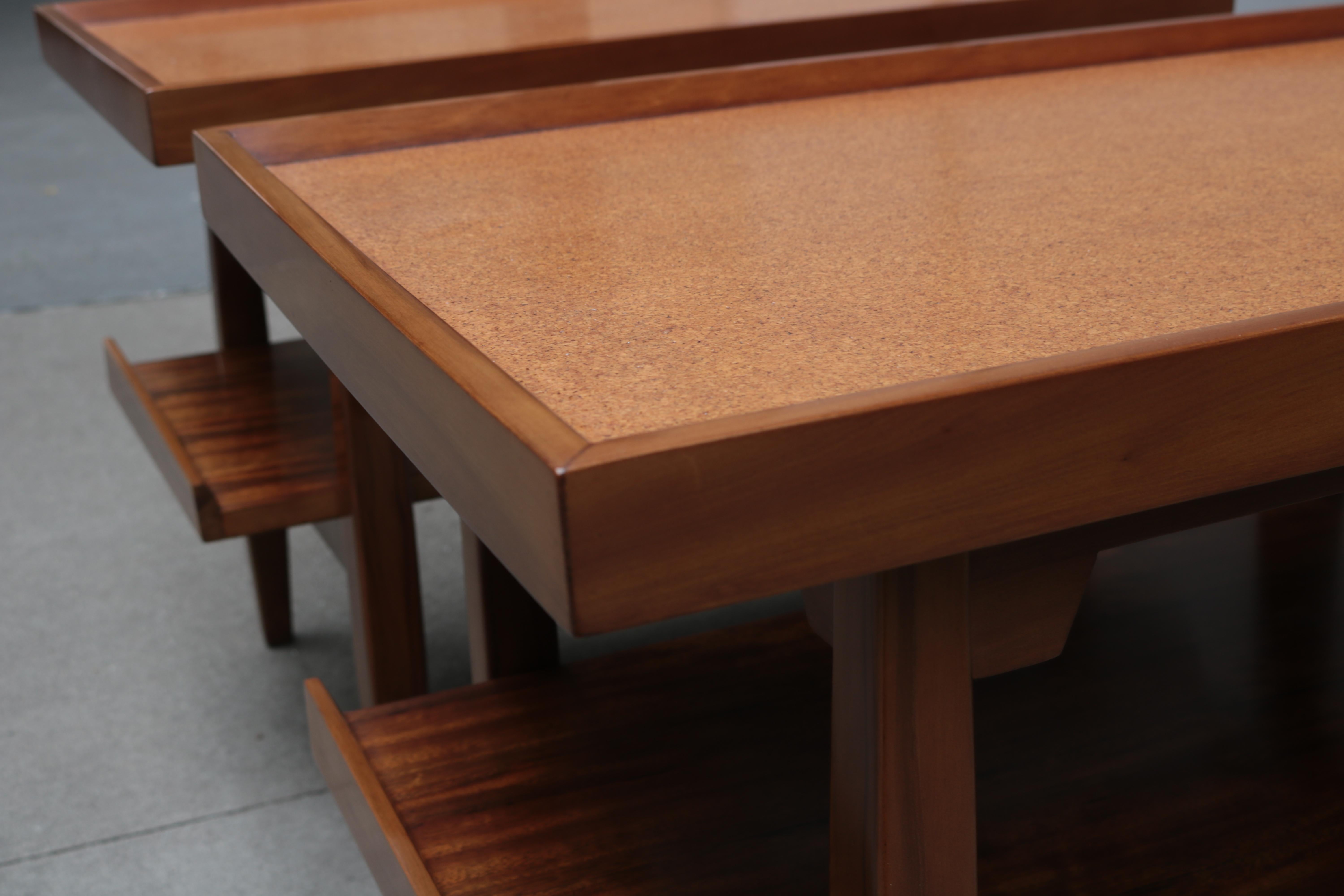 Walnut Pair of Two-Tier Cork Top Side Tables