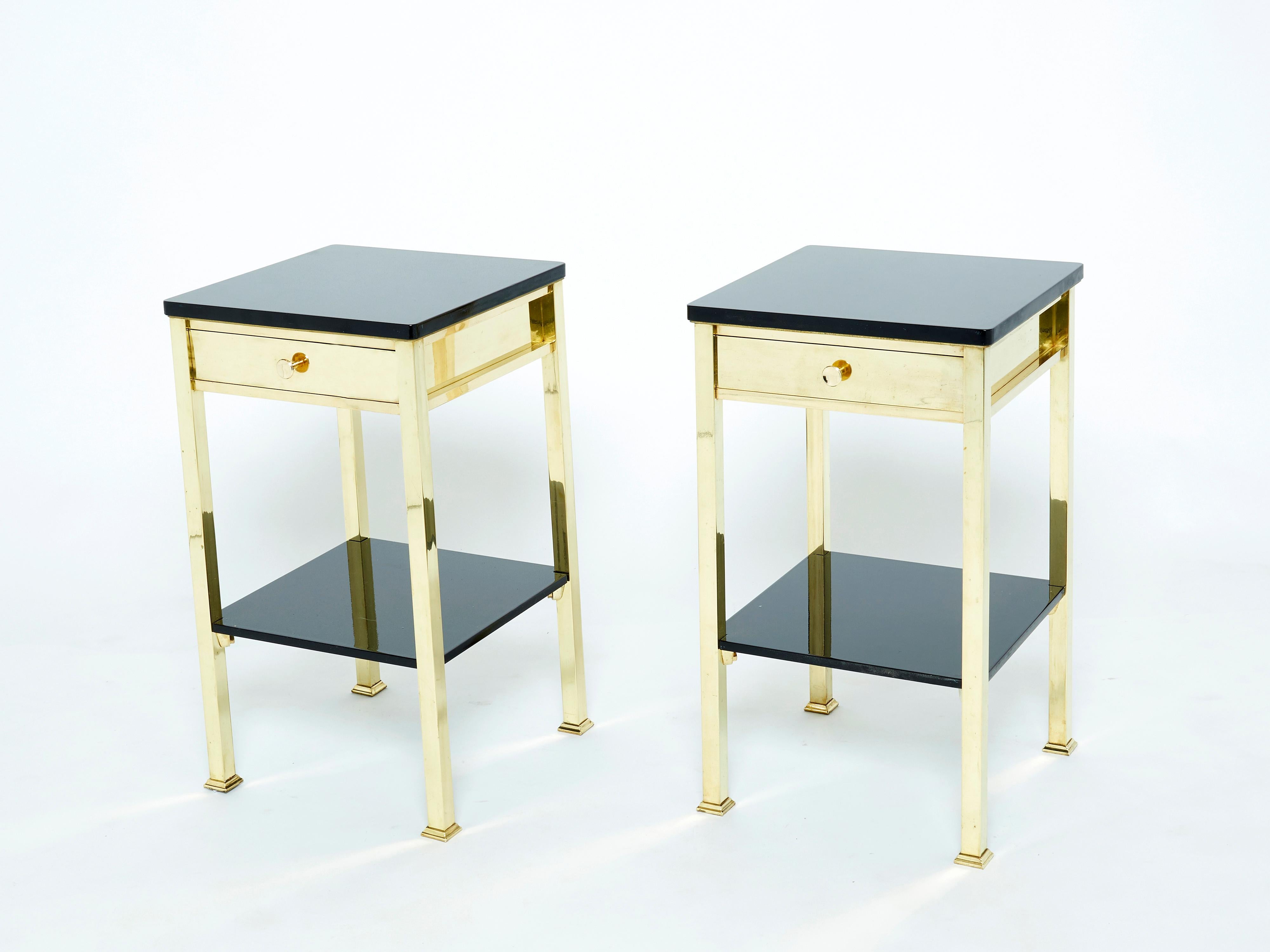 Mid-20th Century Pair of Two-Tier French Brass and Black Lacquer Night Stands 1960s For Sale
