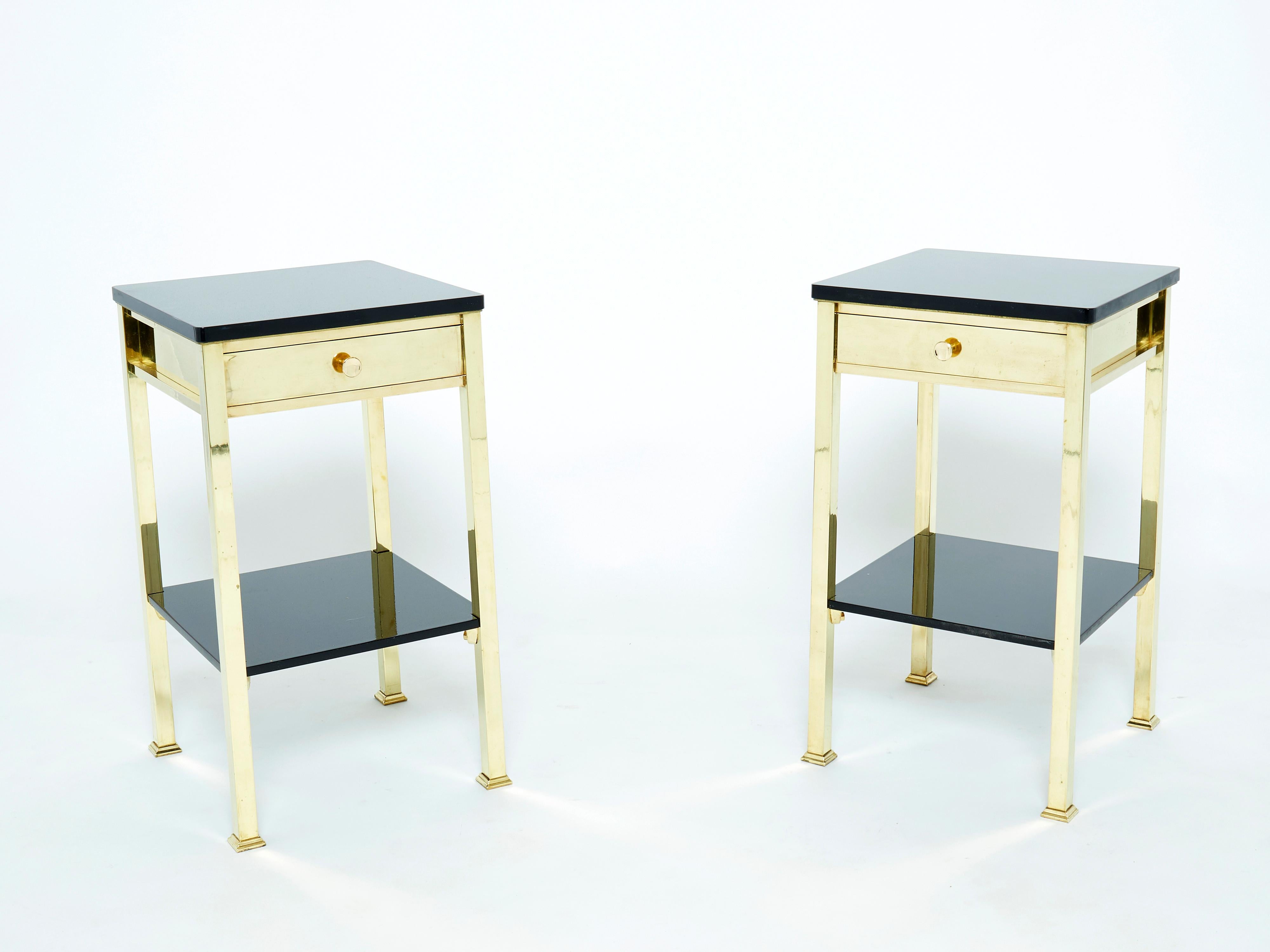 Pair of Two-Tier French Brass and Black Lacquer Night Stands 1960s For Sale 1