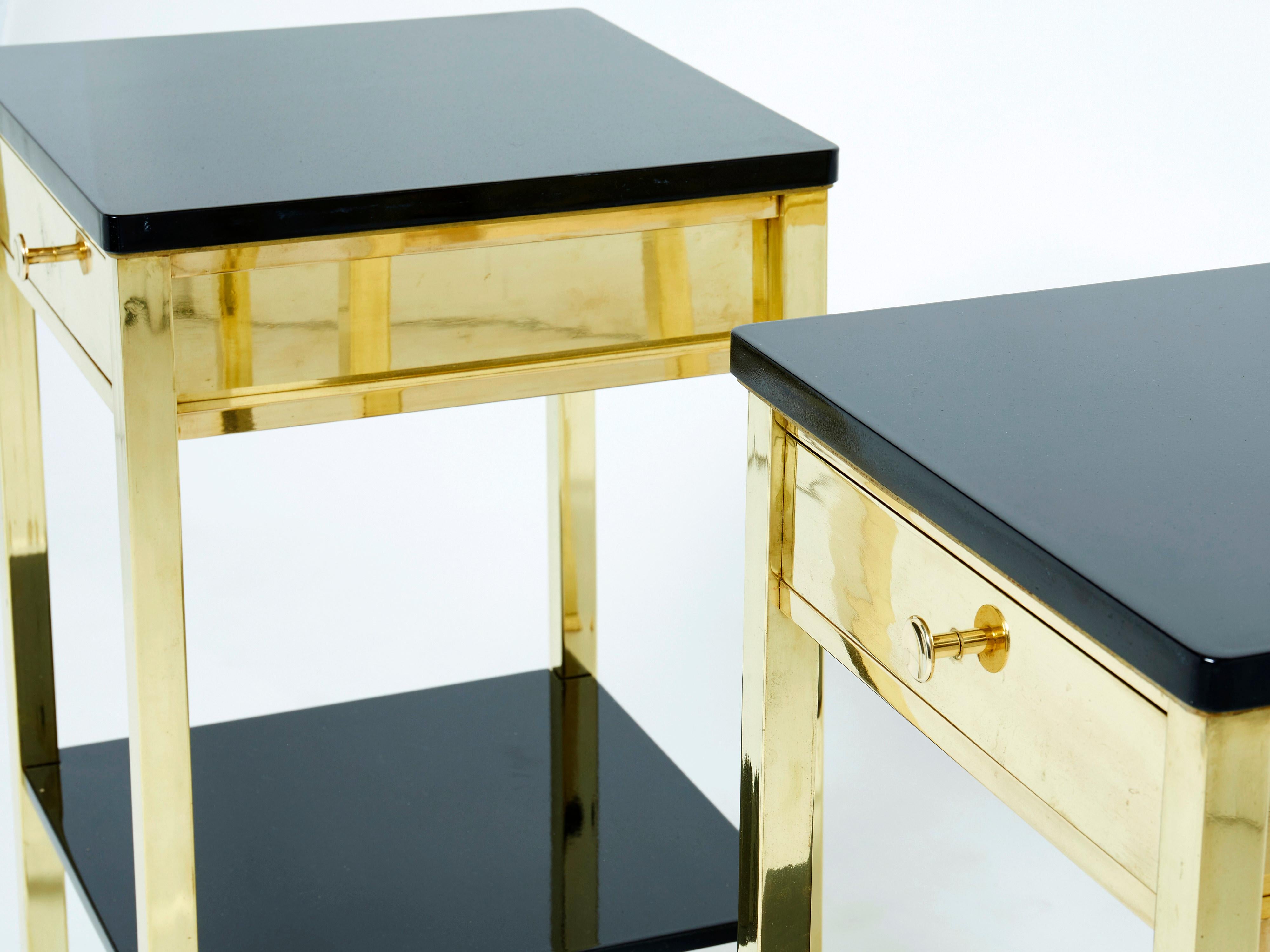 Pair of Two-Tier French Brass and Black Lacquer Night Stands 1960s For Sale 2