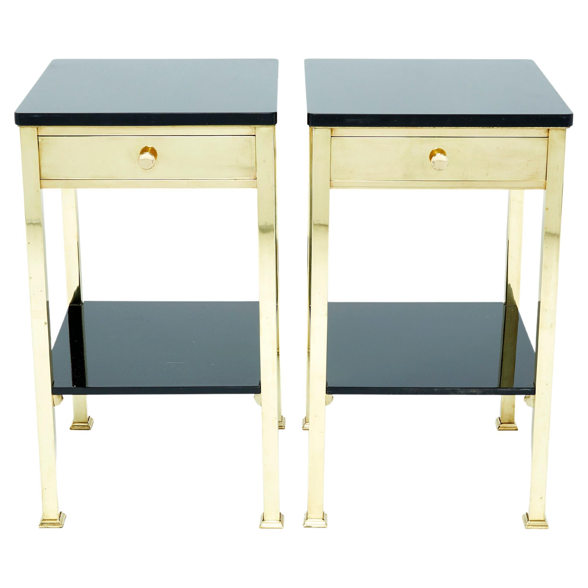 Pair of Two-Tier French Brass and Black Lacquer Night Stands 1960s