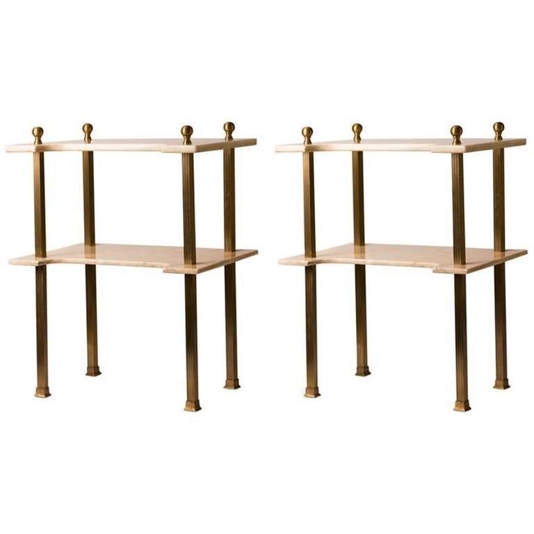 Pair of French deco marble and brass two-tier side tables.
