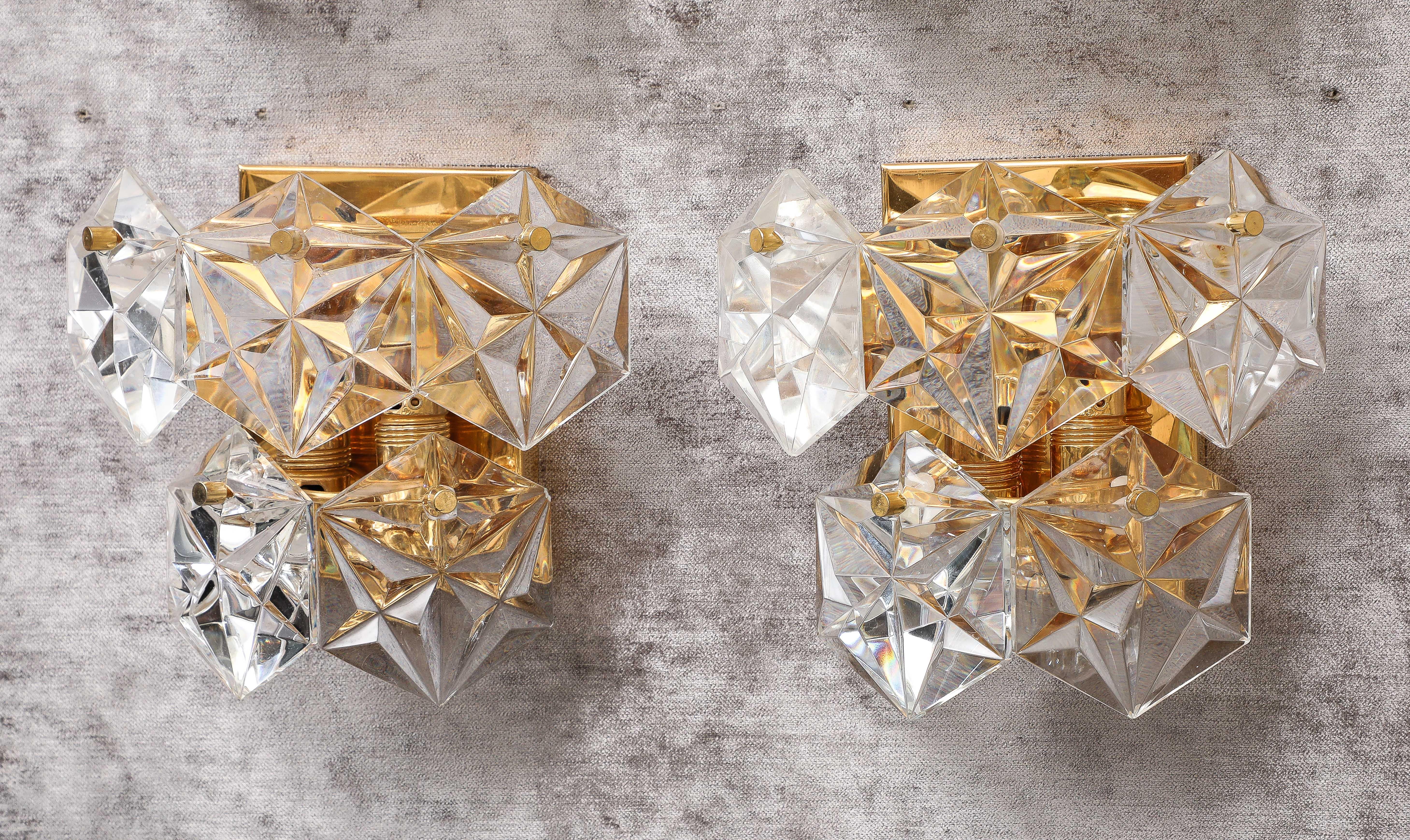 Mid-Century Modern Pair of Two Tier Hexagonal Faceted Crystal Sconces by Kineldey. For Sale