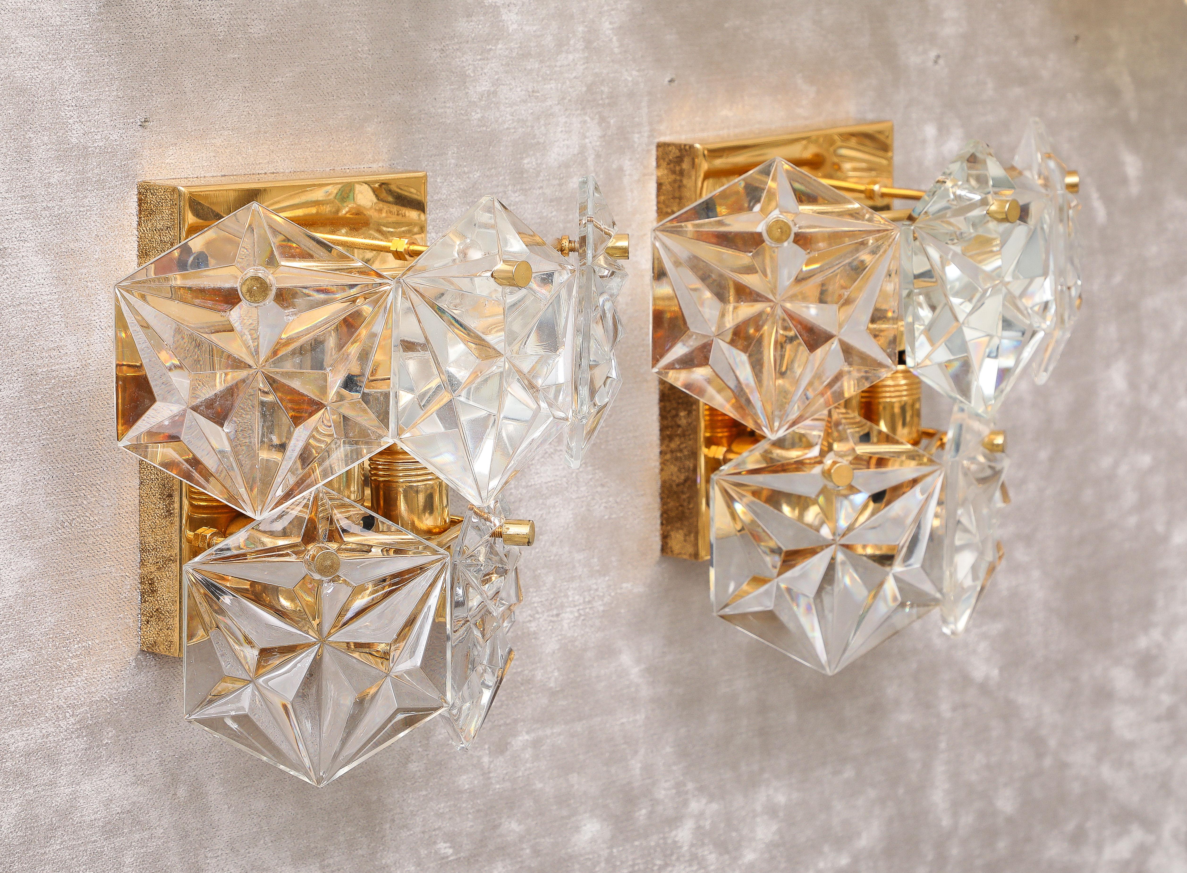 German Pair of Two Tier Hexagonal Faceted Crystal Sconces by Kineldey. For Sale