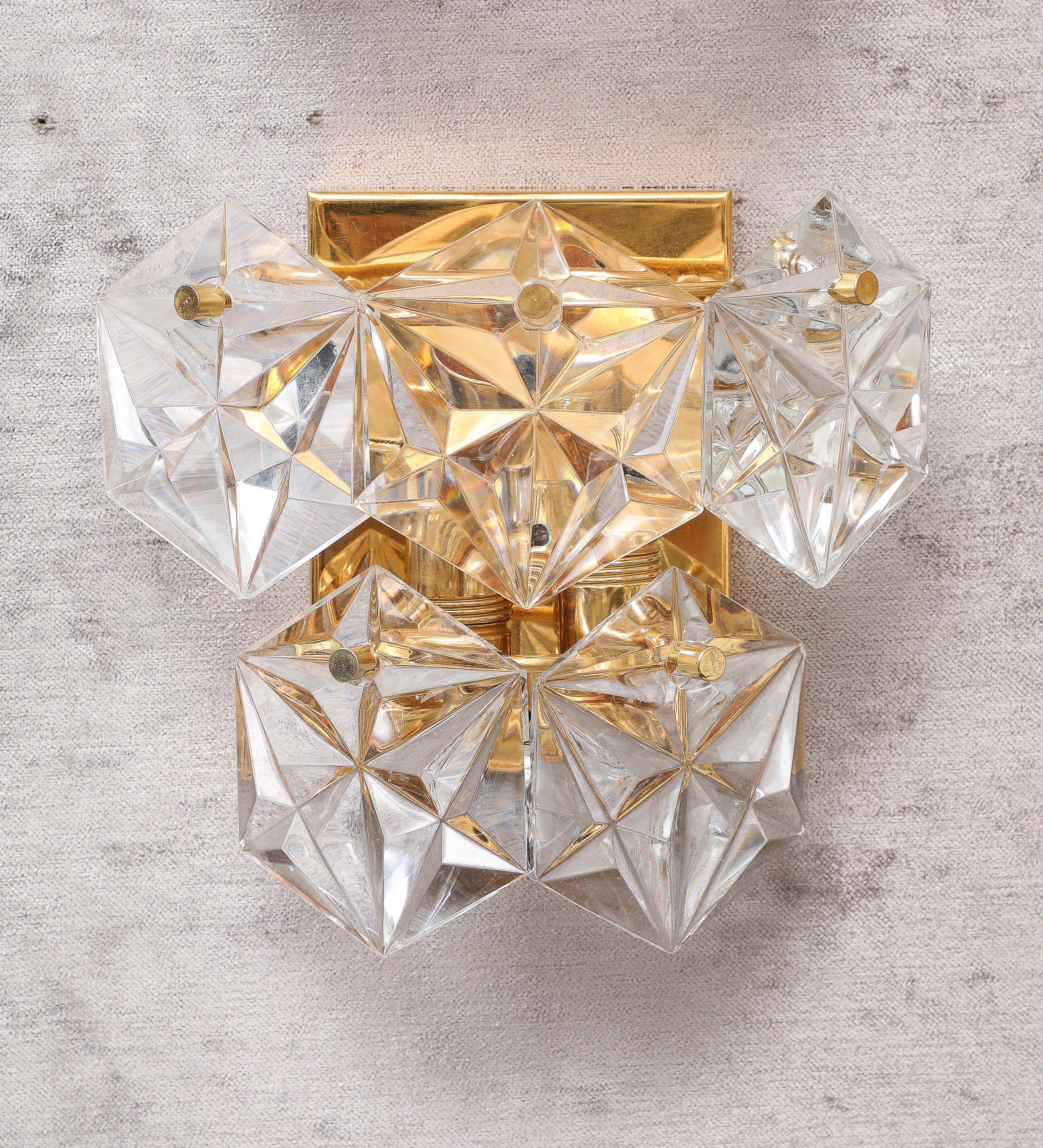 Pair of Two Tier Hexagonal Faceted Crystal Sconces by Kineldey. In Good Condition For Sale In New York, NY