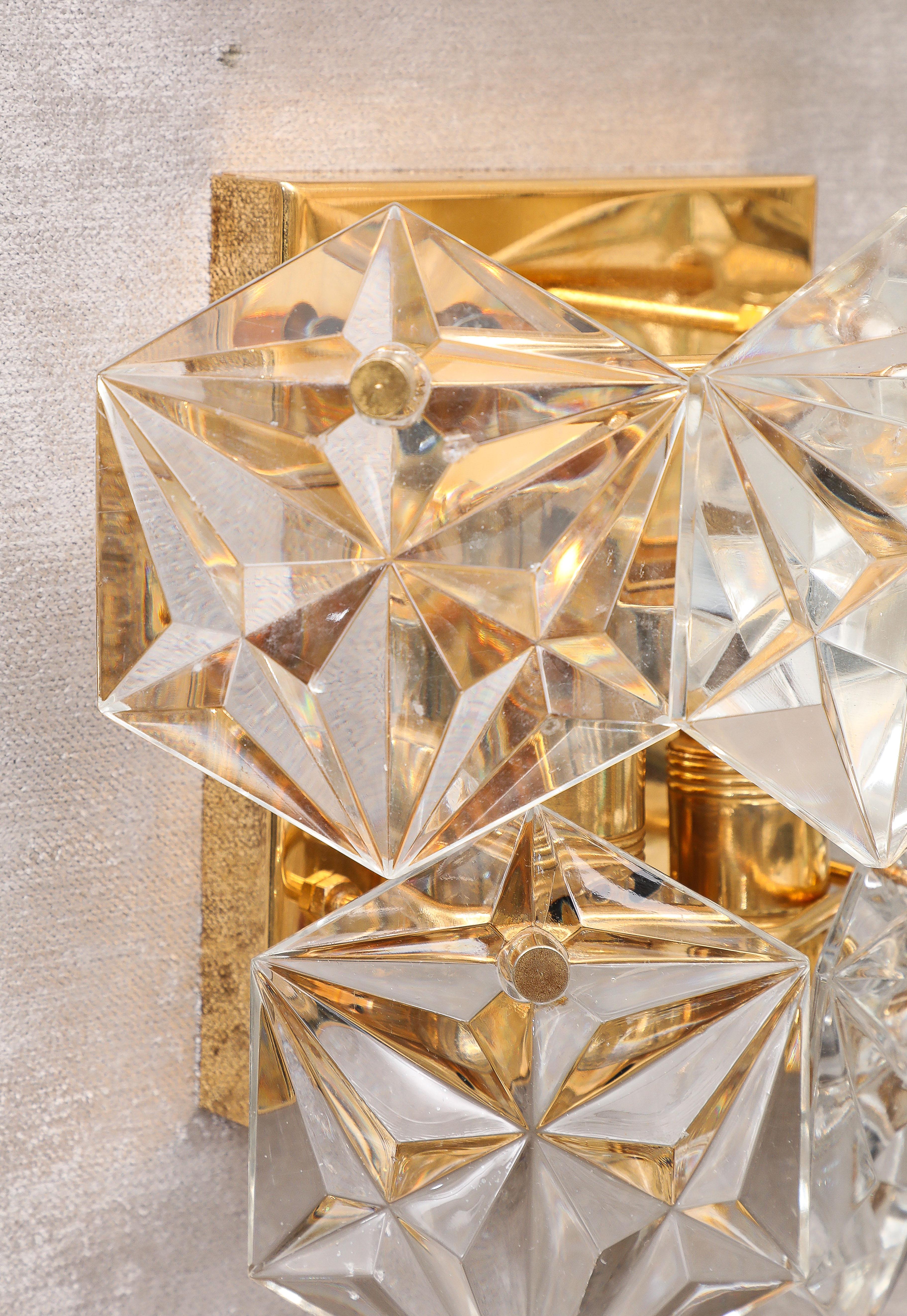 Pair of Two Tier Hexagonal Faceted Crystal Sconces by Kineldey. For Sale 1