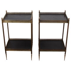 Pair of Two-Tier Leather and Brass Side Tables