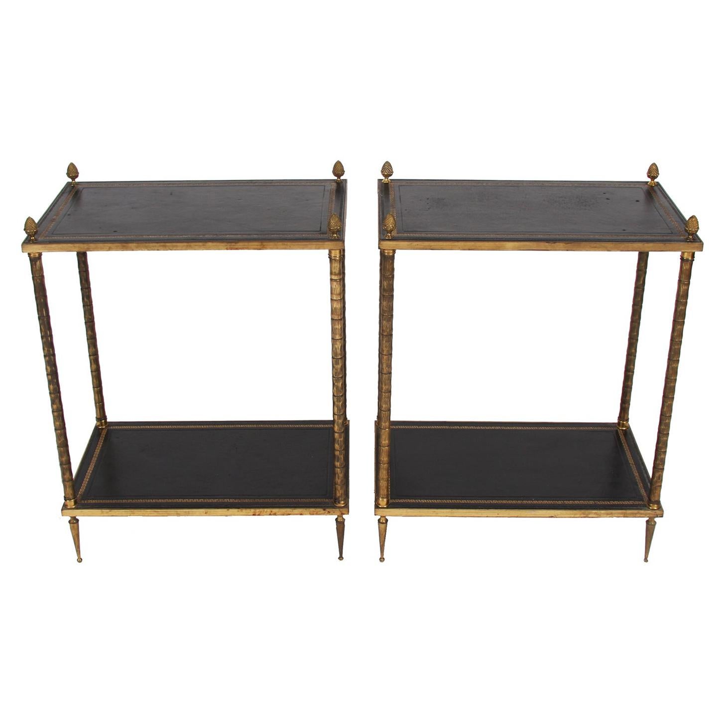 Pair of Two-Tier Leather Top and Brass Side Tables