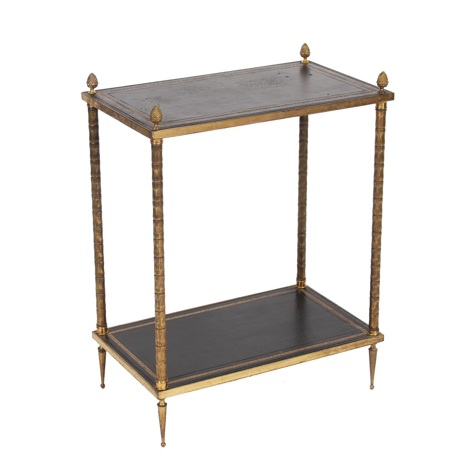 French Pair of Two-Tier Leather Top and Brass Side Tables