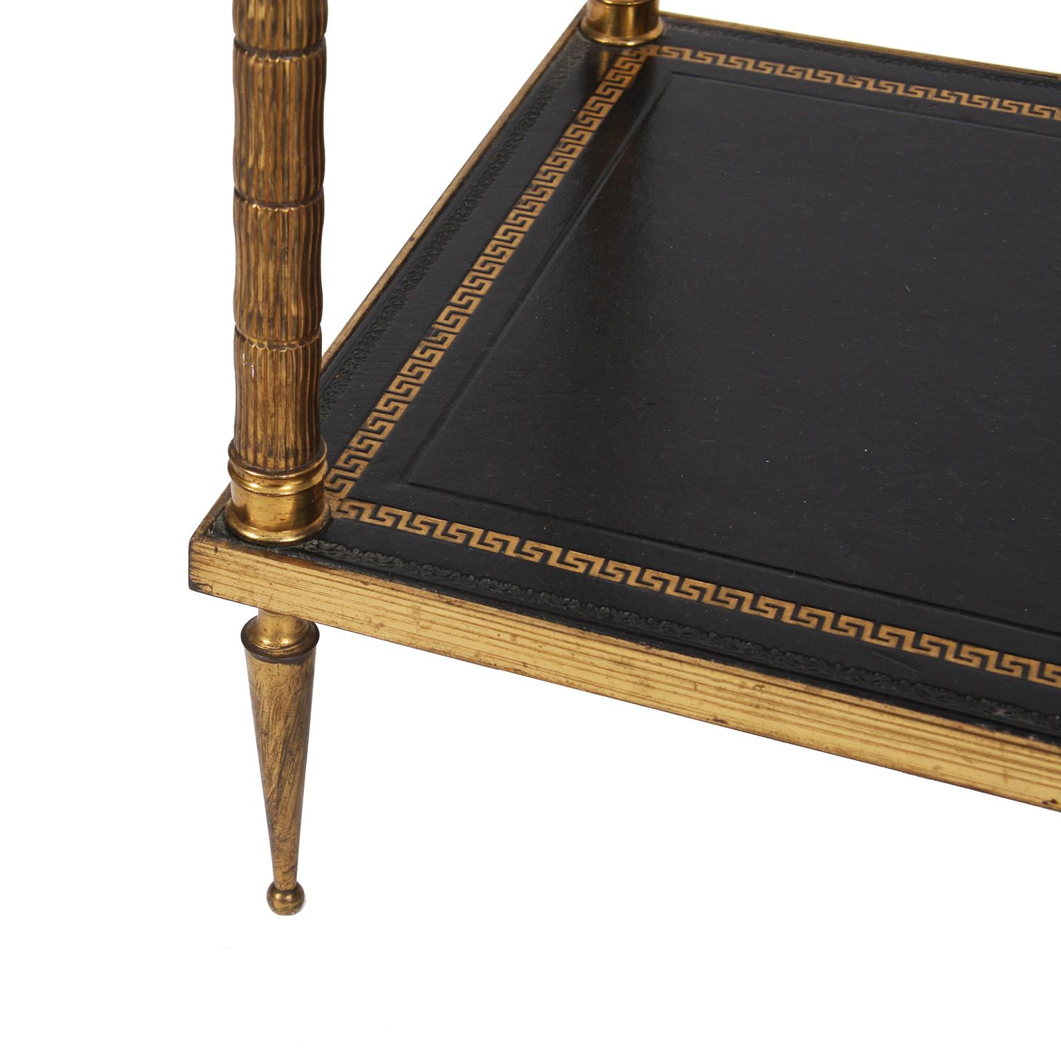 Pair of Two-Tier Leather Top and Brass Side Tables 3