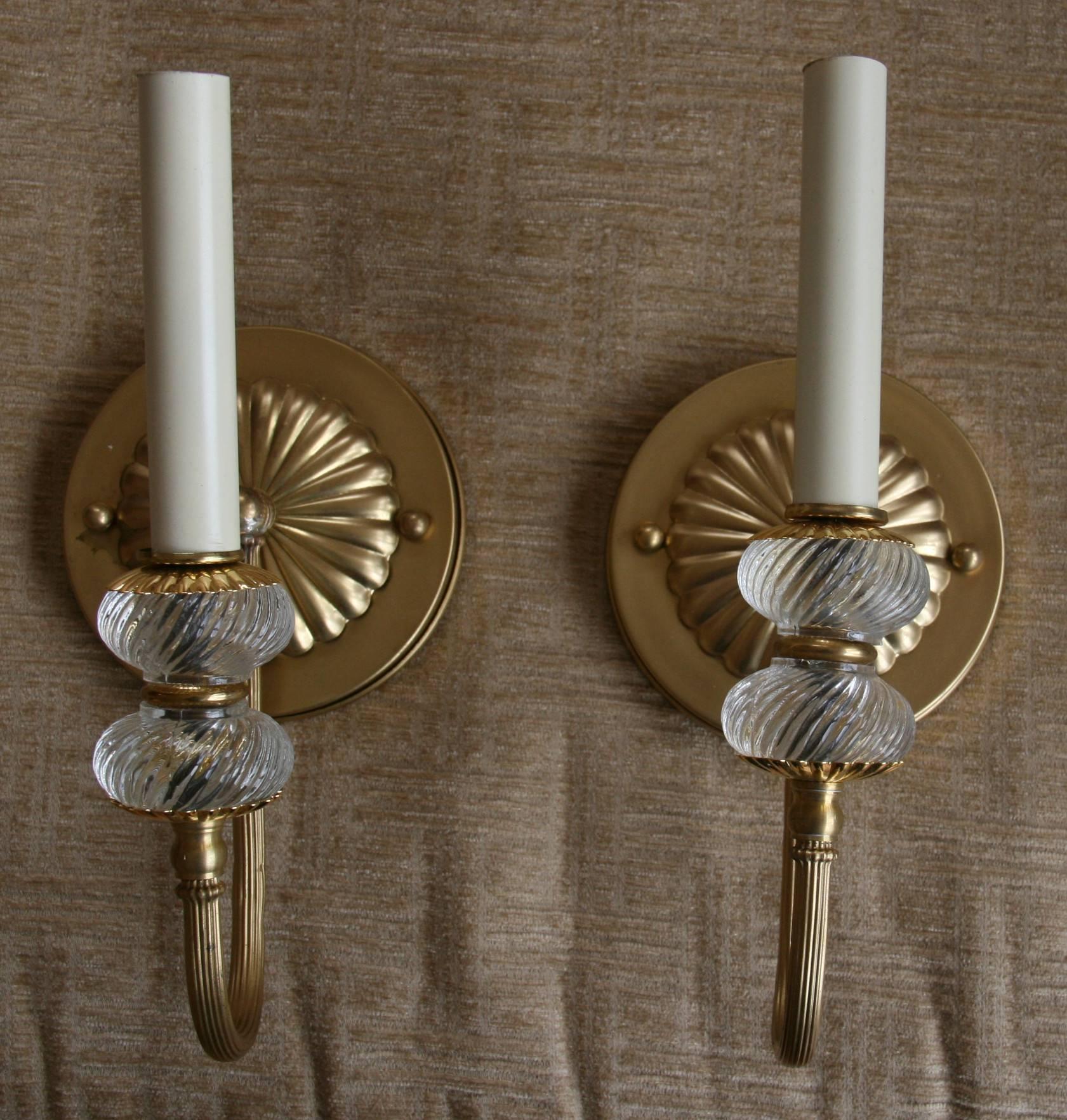 Brass Pair of Two-Tier Mid Century Glass Single Arm Sconces