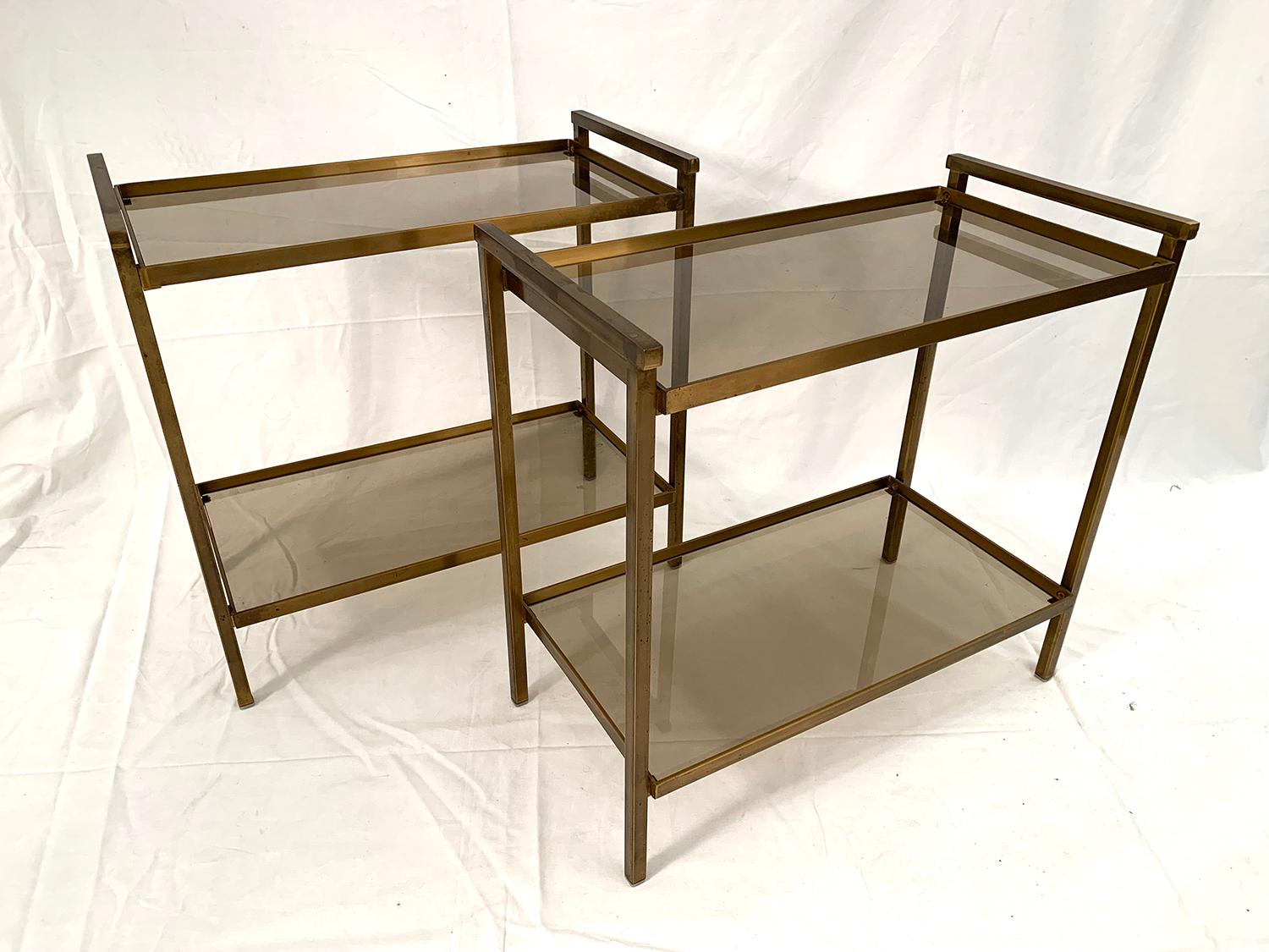 Mid-Century Modern Pair of Two-Tier Rectangular Brass and Smoked Glass End Tables For Sale