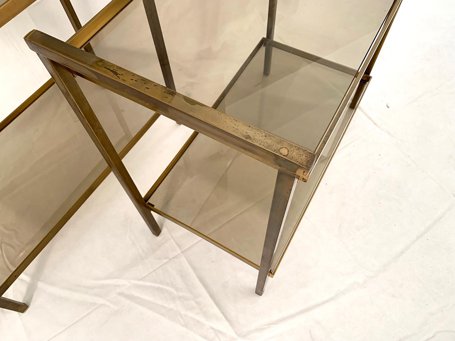 European Pair of Two-Tier Rectangular Brass and Smoked Glass End Tables For Sale
