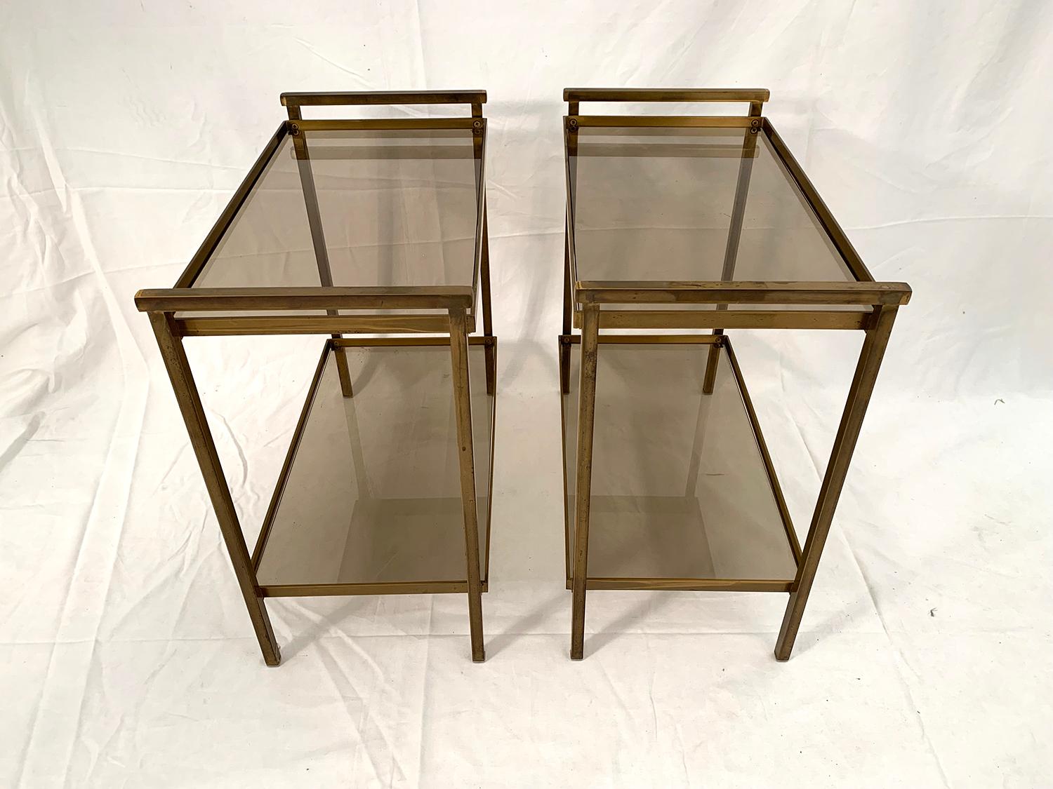Pair of Two-Tier Rectangular Brass and Smoked Glass End Tables For Sale 1