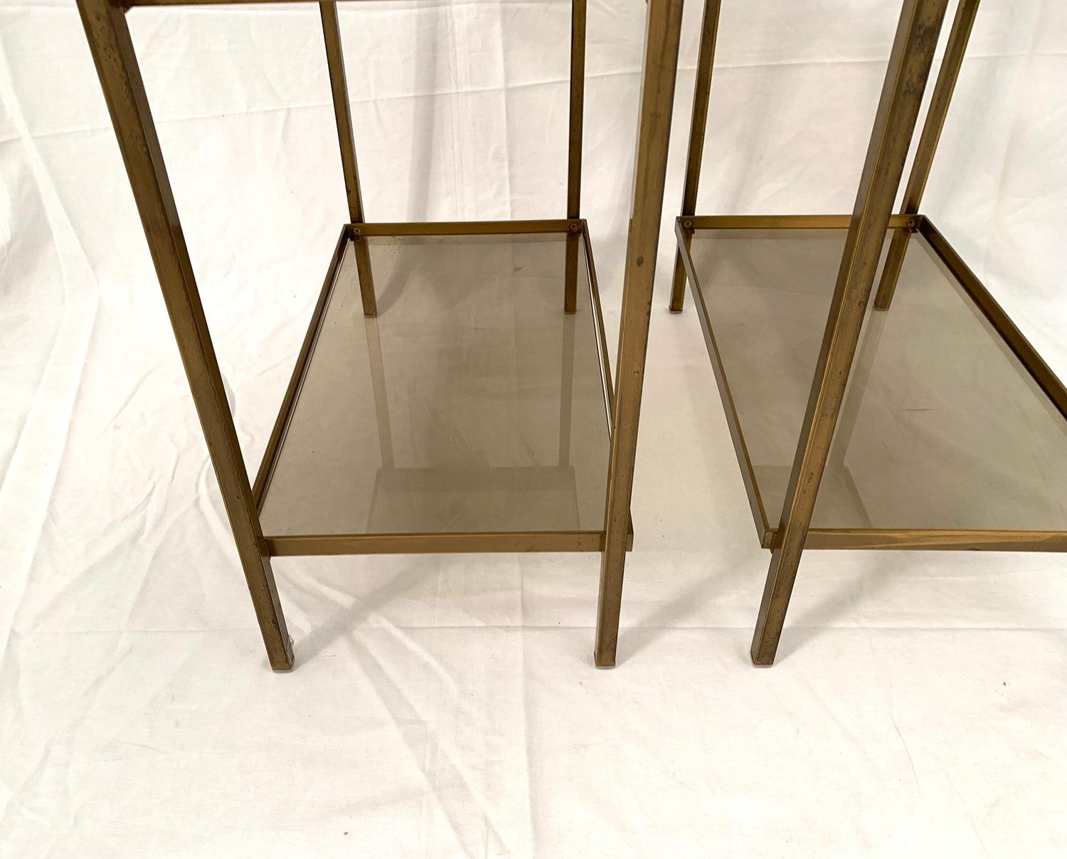 Pair of Two-Tier Rectangular Brass and Smoked Glass End Tables For Sale 2