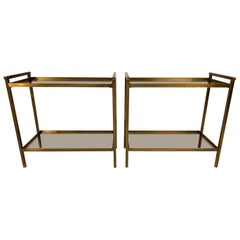 Pair of Two-Tier Rectangular Brass and Smoked Glass End Tables
