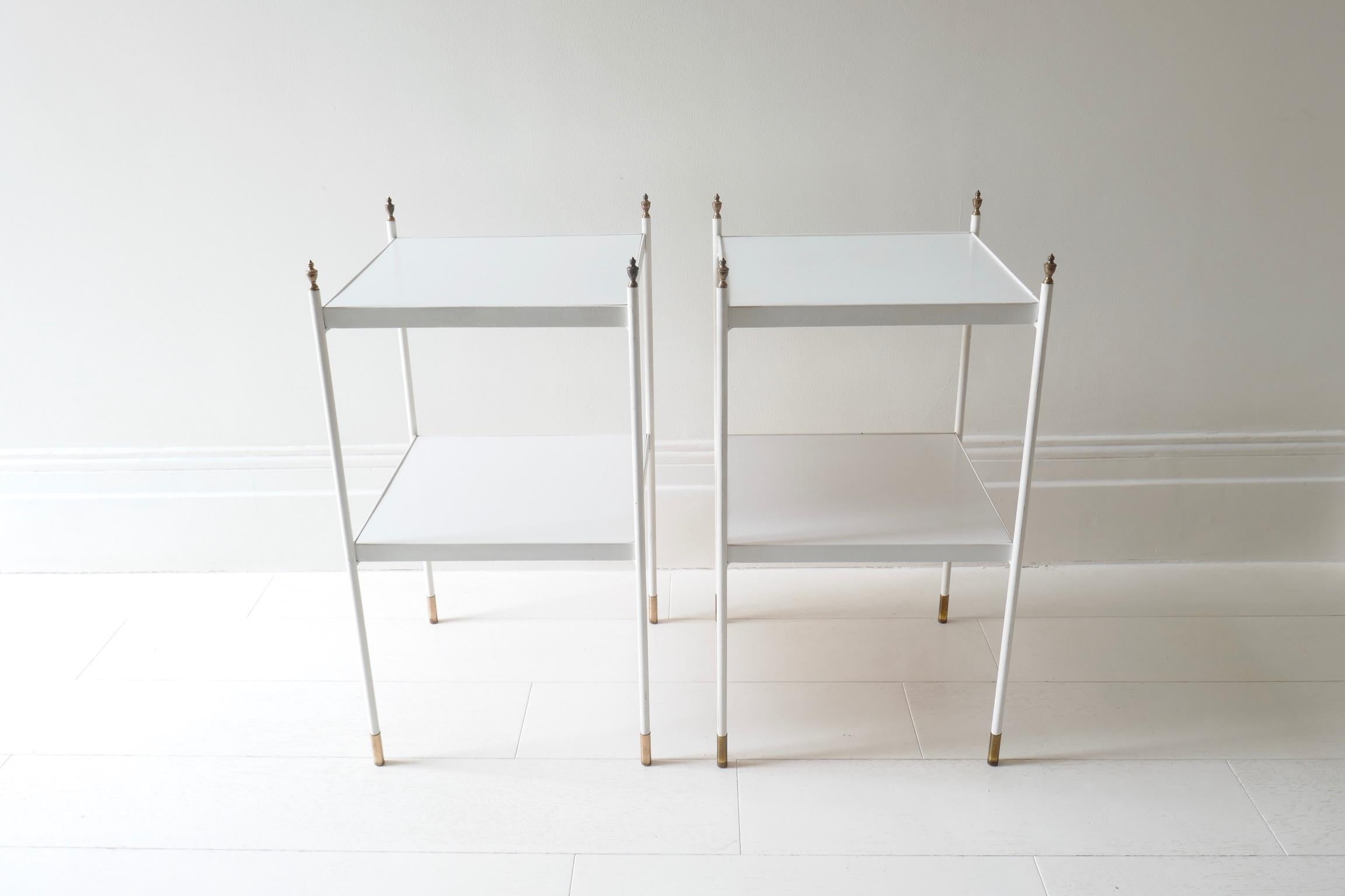Minimalist Pair of Two-Tier White Side Tables with Brass Ornaments, 1960s For Sale