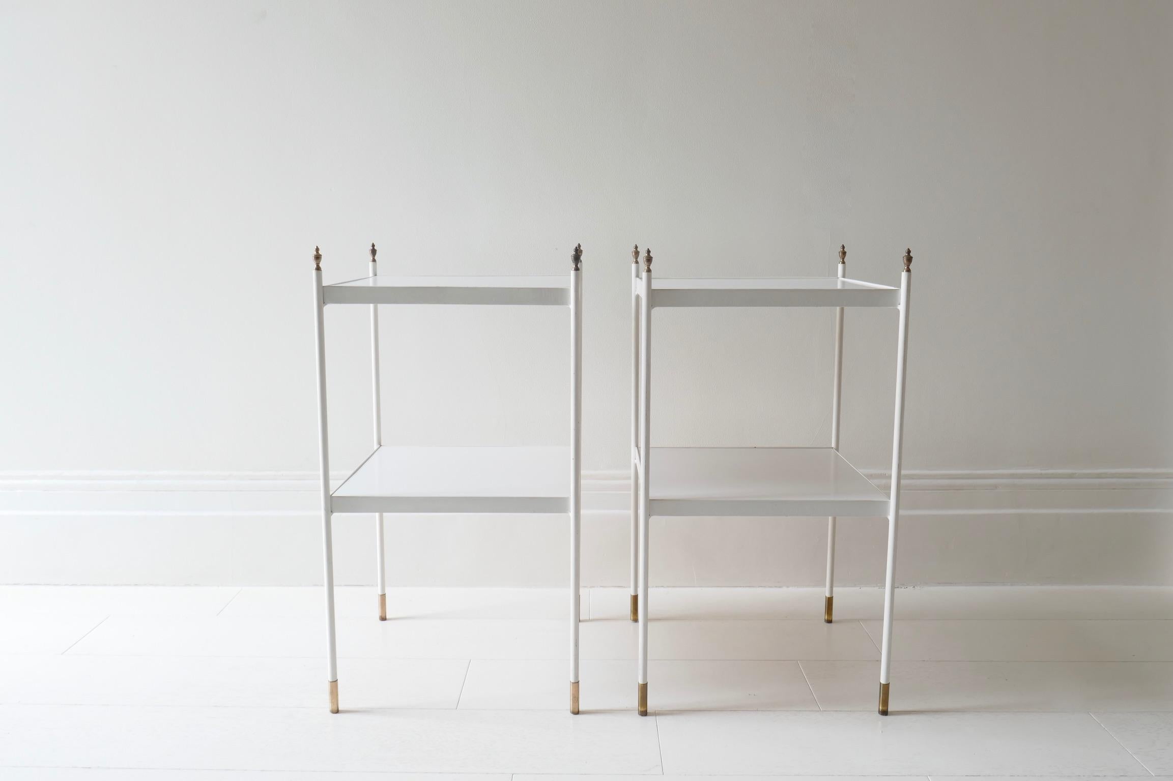 Mid-20th Century Pair of Two-Tier White Side Tables with Brass Ornaments, 1960s For Sale