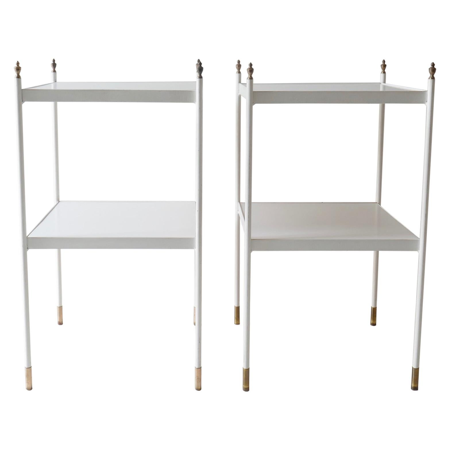 Pair of Two-Tier White Side Tables with Brass Ornaments, 1960s For Sale