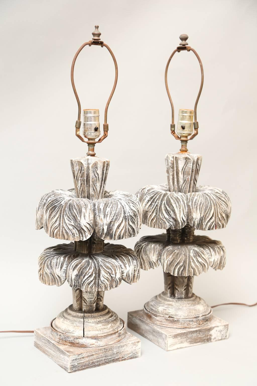 Pair of Two-Tier Wooden Palm Lamps In Distressed Condition In West Palm Beach, FL