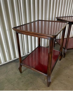 Pair of Two-Tiered Fruitwood Side Tables with Red Glaze Shelves, French Style