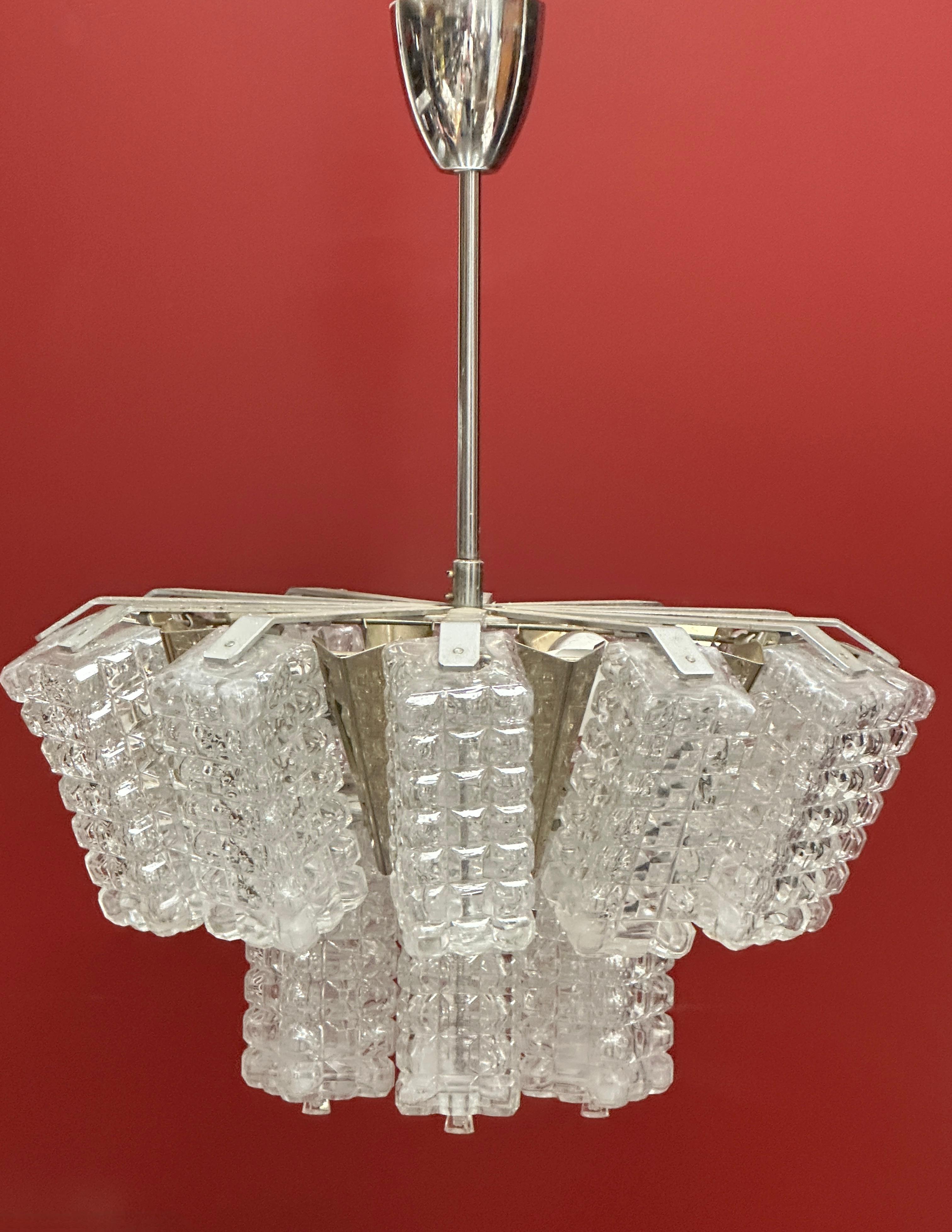 Industrial Pair of Two Tiered Glass Cube Chandelier by Austrolux, Austria, 1960s For Sale