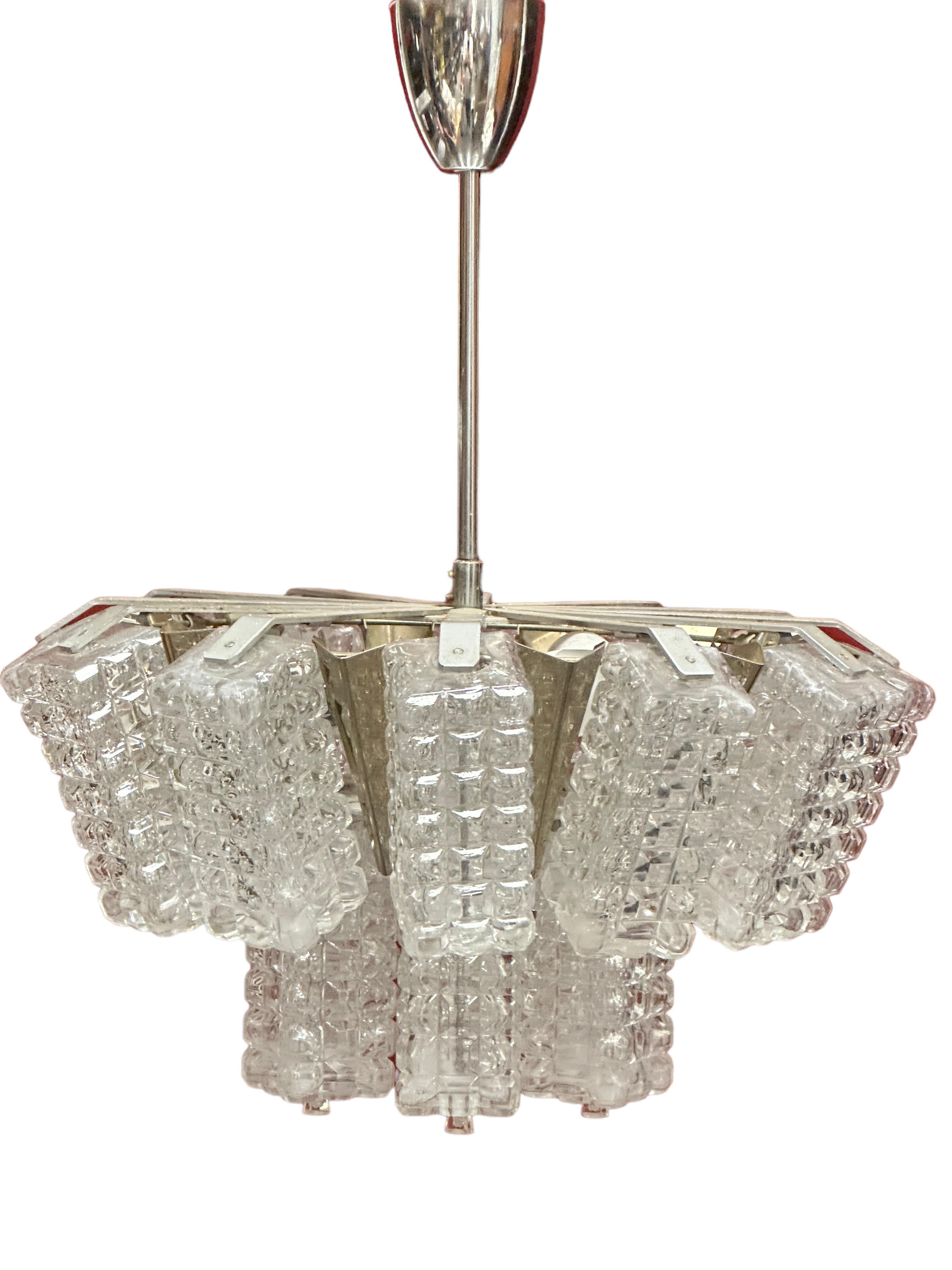 Mid-20th Century Pair of Two Tiered Glass Cube Chandelier by Austrolux, Austria, 1960s For Sale