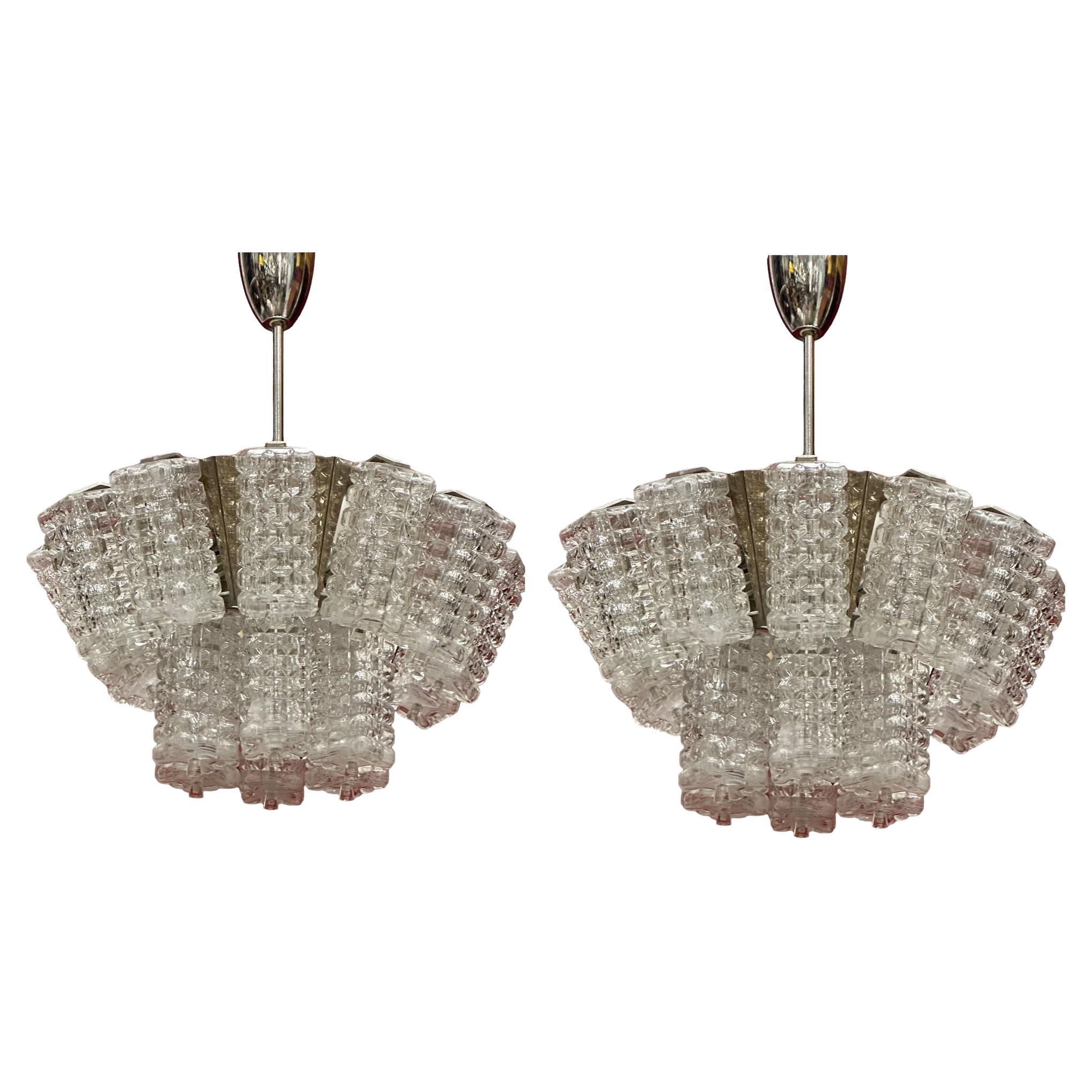 Pair of Two Tiered Glass Cube Chandelier by Austrolux, Austria, 1960s For Sale