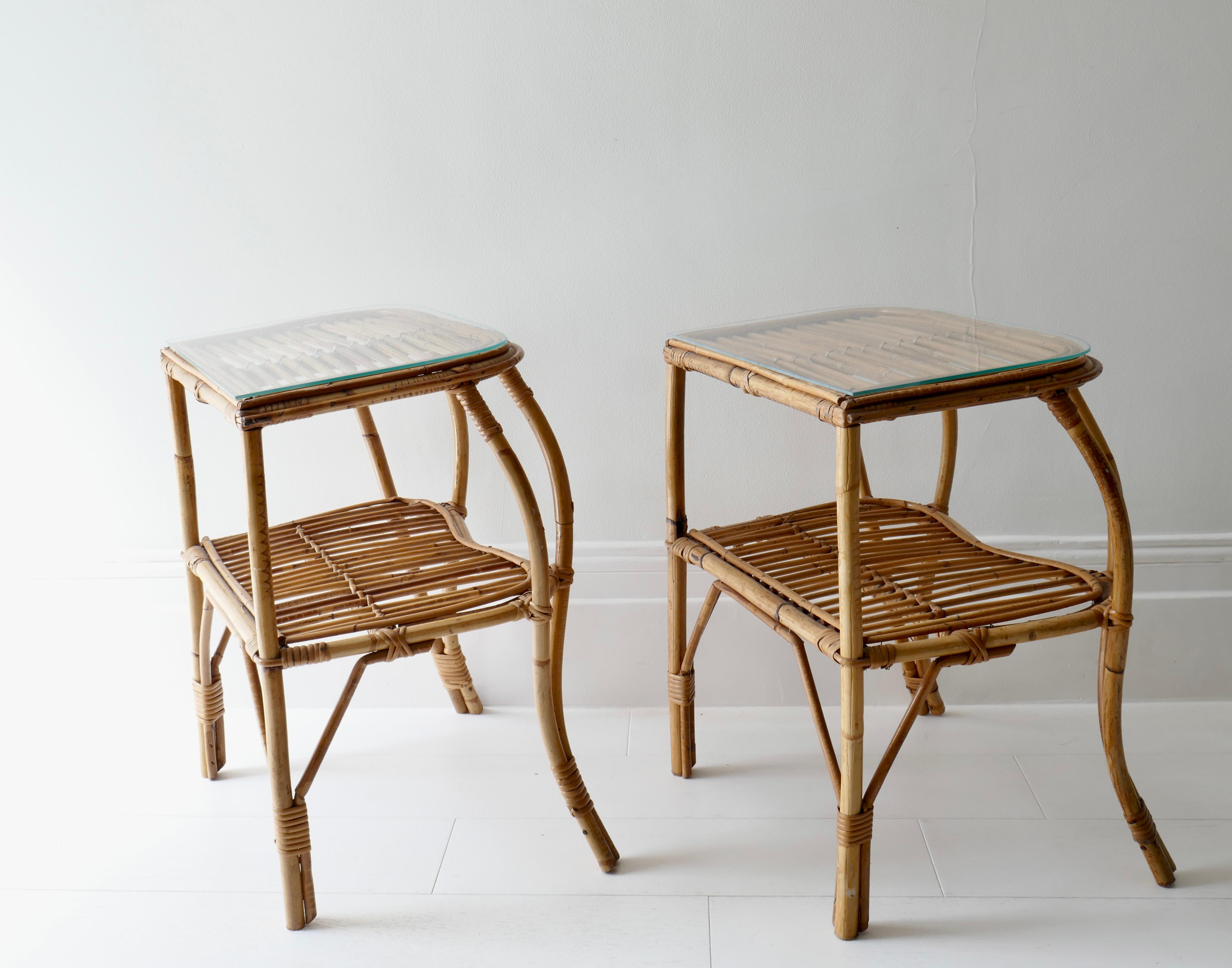 Pair of Two Tiered Rattan and Bamboo Side Tables, Italy, 1960s   4