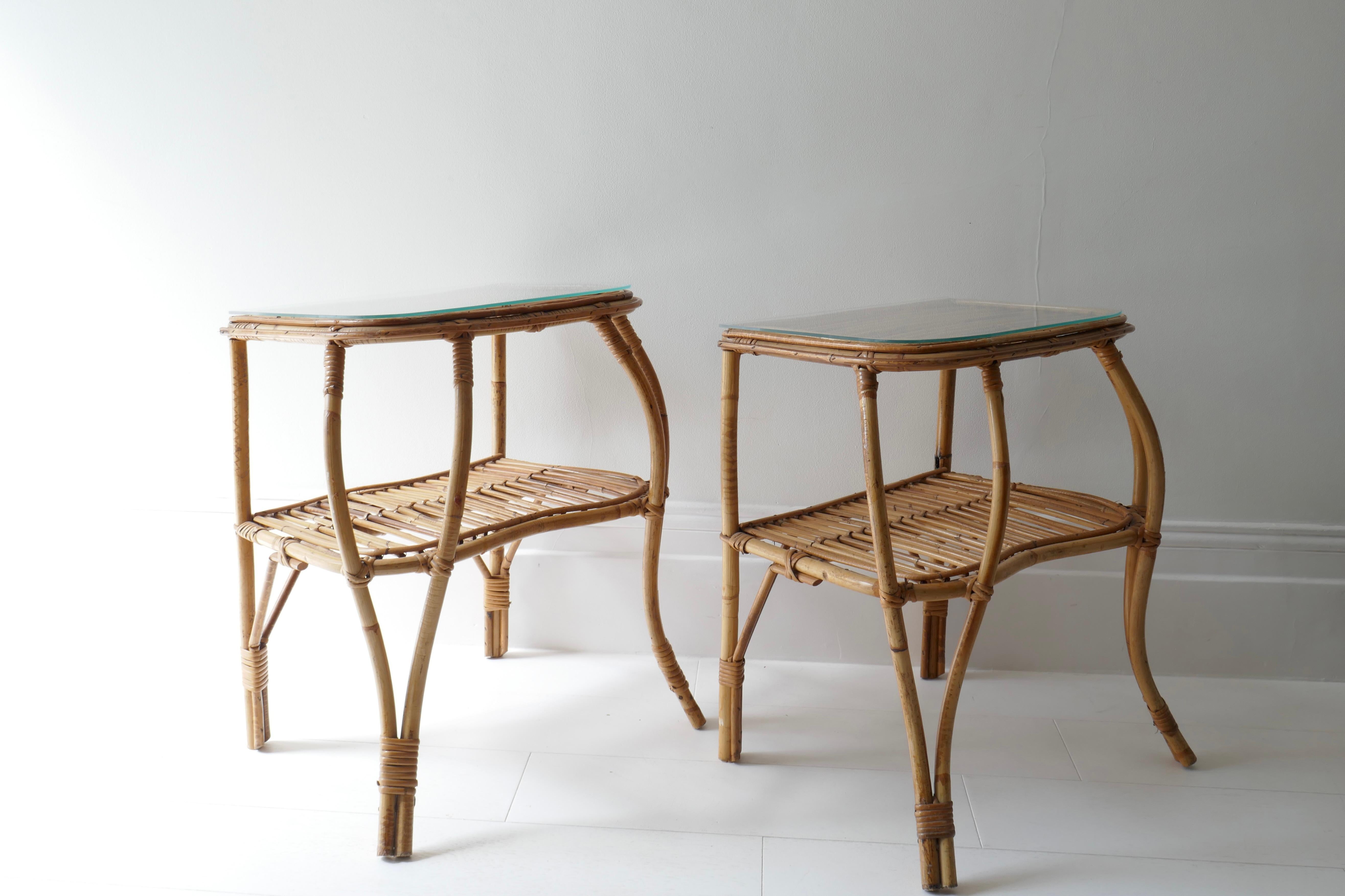 Pair of Two Tiered Rattan and Bamboo Side Tables, Italy, 1960s   5