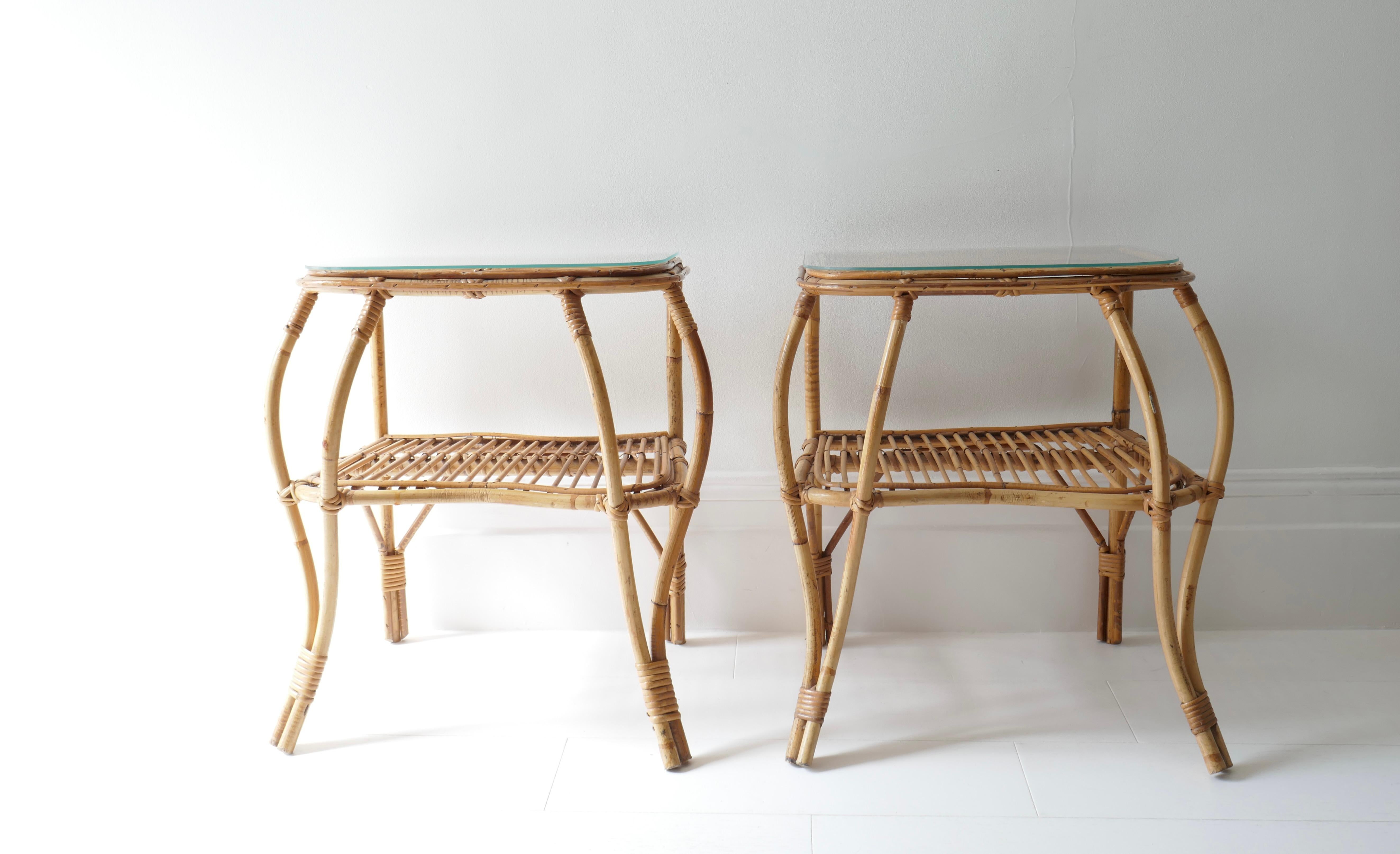 Pair of Two Tiered Rattan and Bamboo Side Tables, Italy, 1960s   6