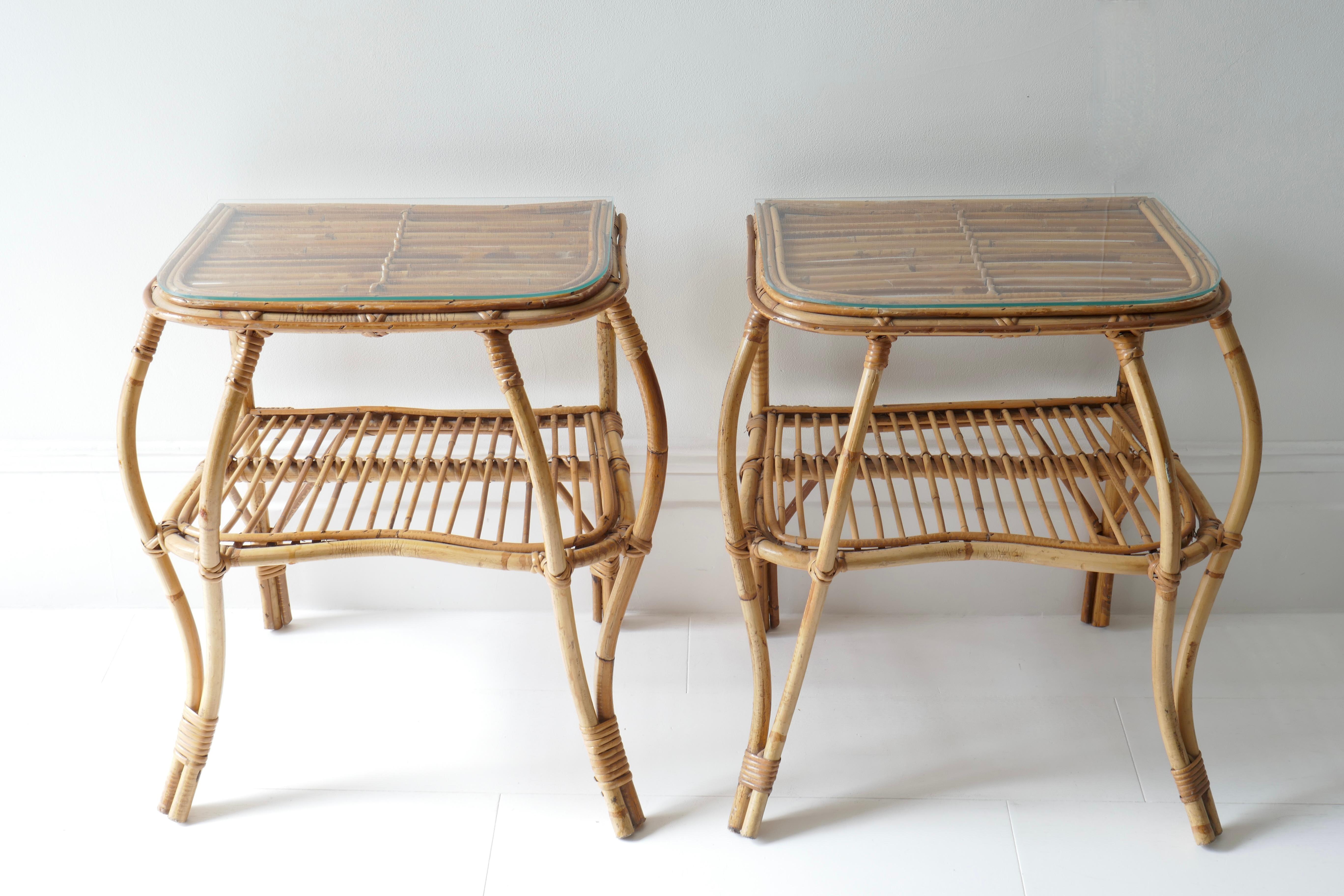Mid-Century Modern Pair of Two Tiered Rattan and Bamboo Side Tables, Italy, 1960s  
