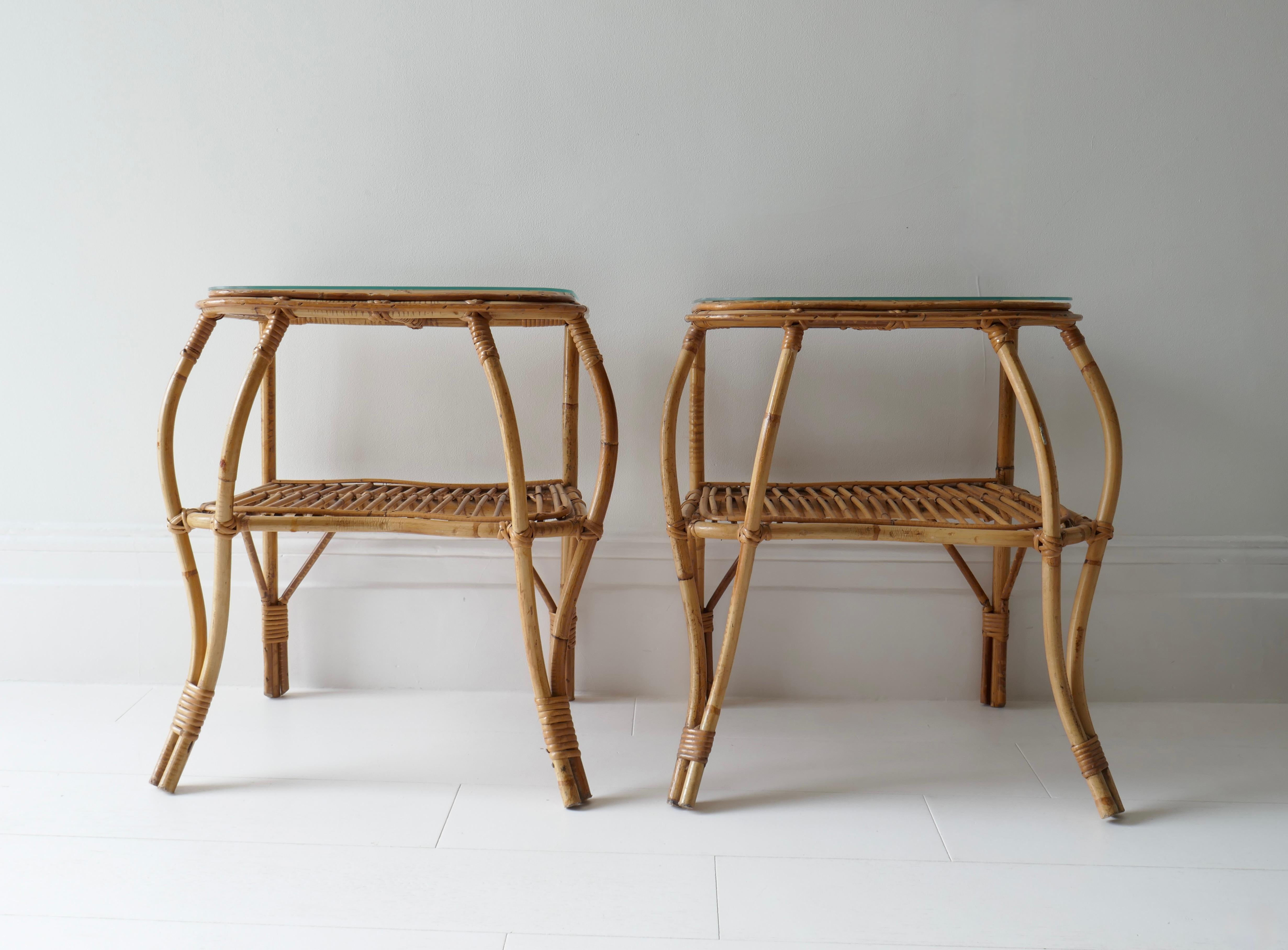 Italian Pair of Two Tiered Rattan and Bamboo Side Tables, Italy, 1960s  
