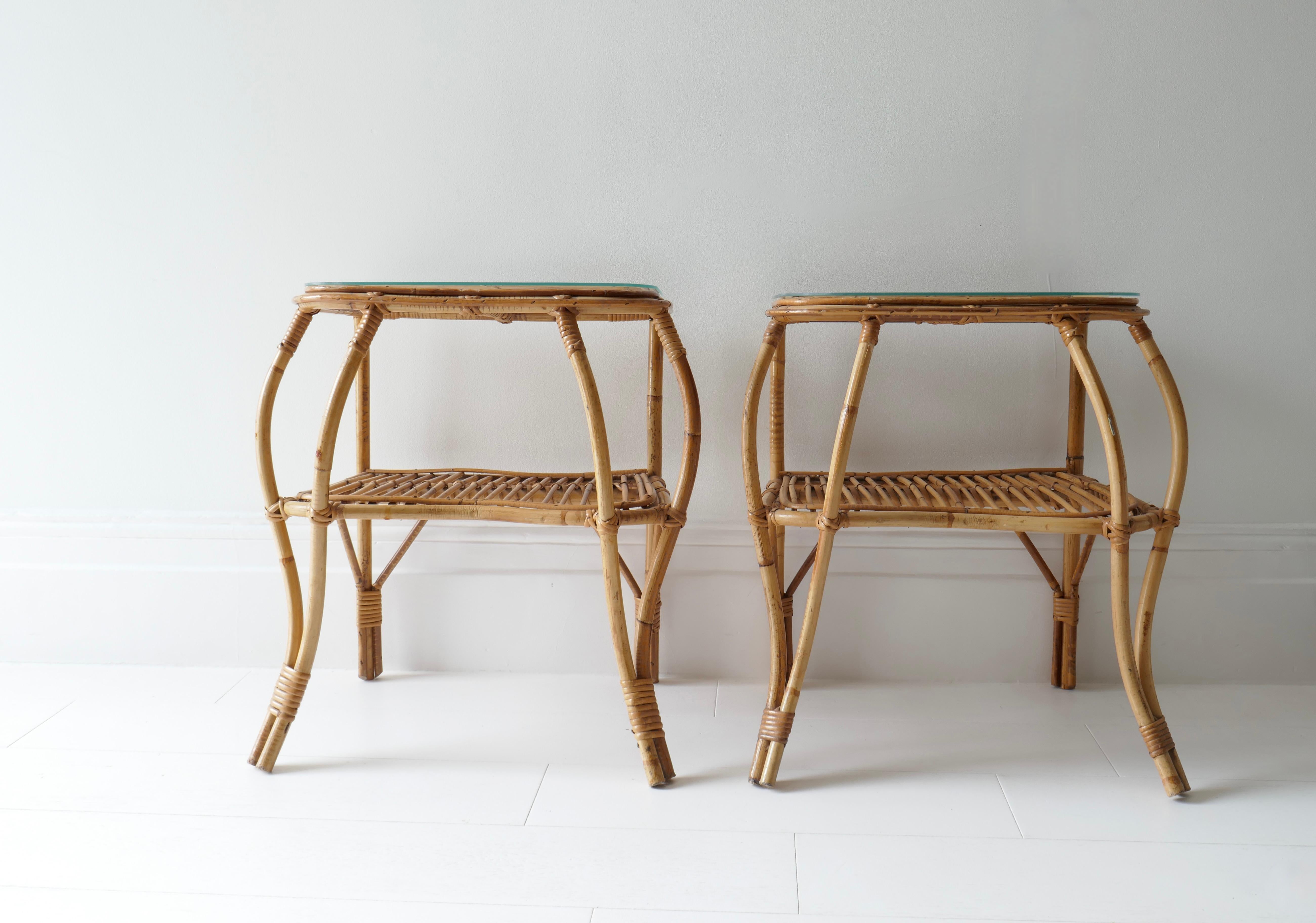 Pair of Two Tiered Rattan and Bamboo Side Tables, Italy, 1960s   In Good Condition In London, GB