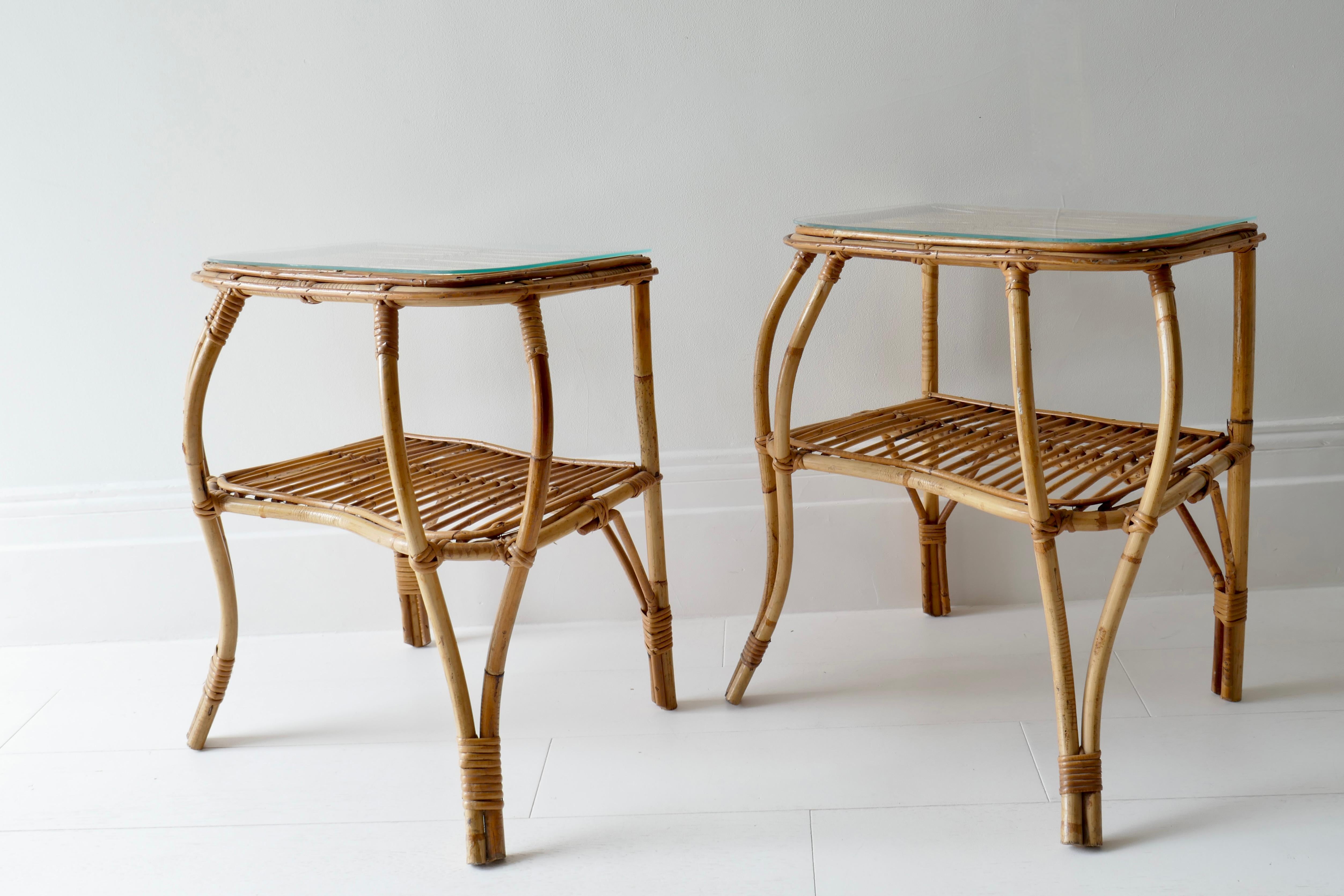 Mid-20th Century Pair of Two Tiered Rattan and Bamboo Side Tables, Italy, 1960s  