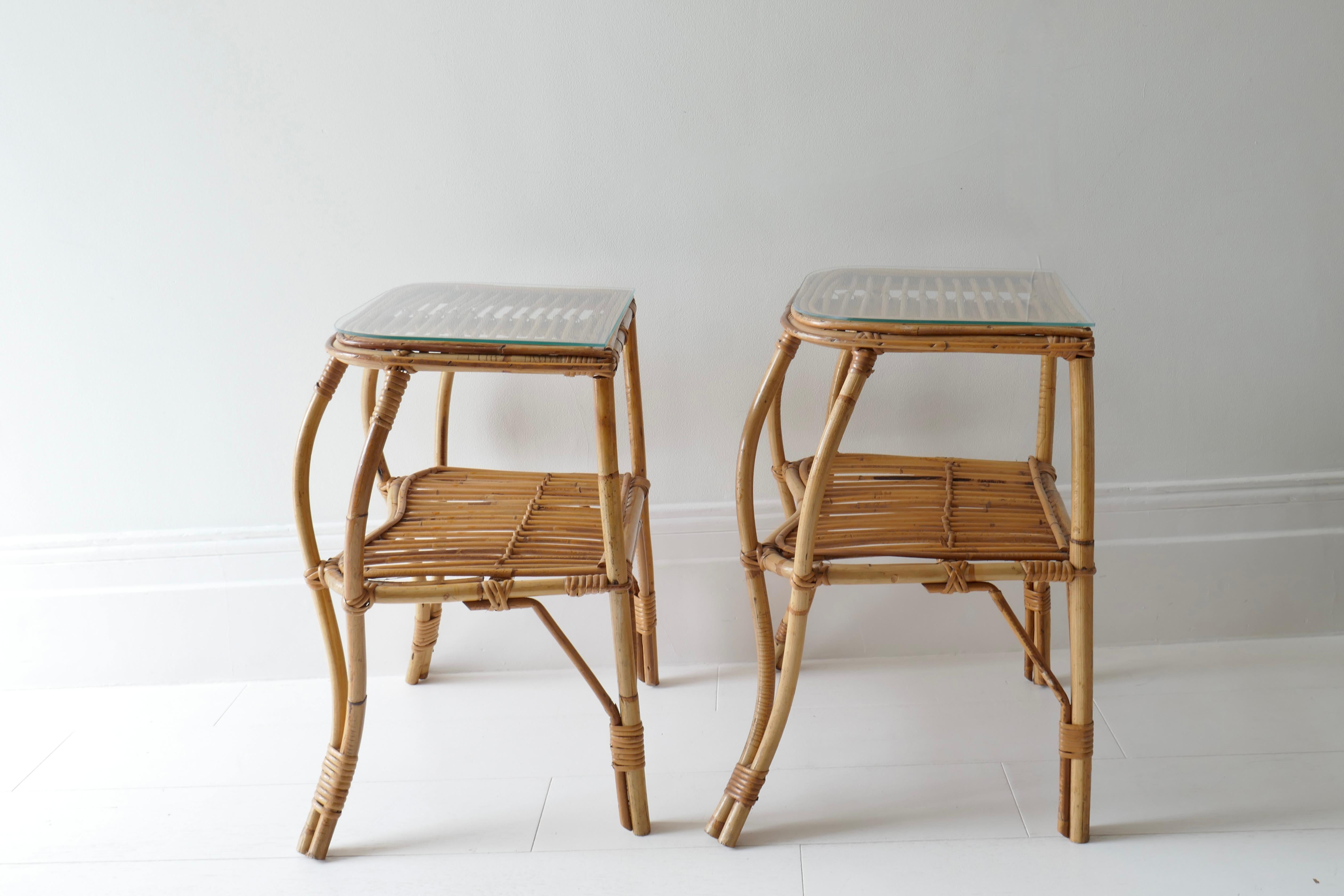 Pair of Two Tiered Rattan and Bamboo Side Tables, Italy, 1960s   1