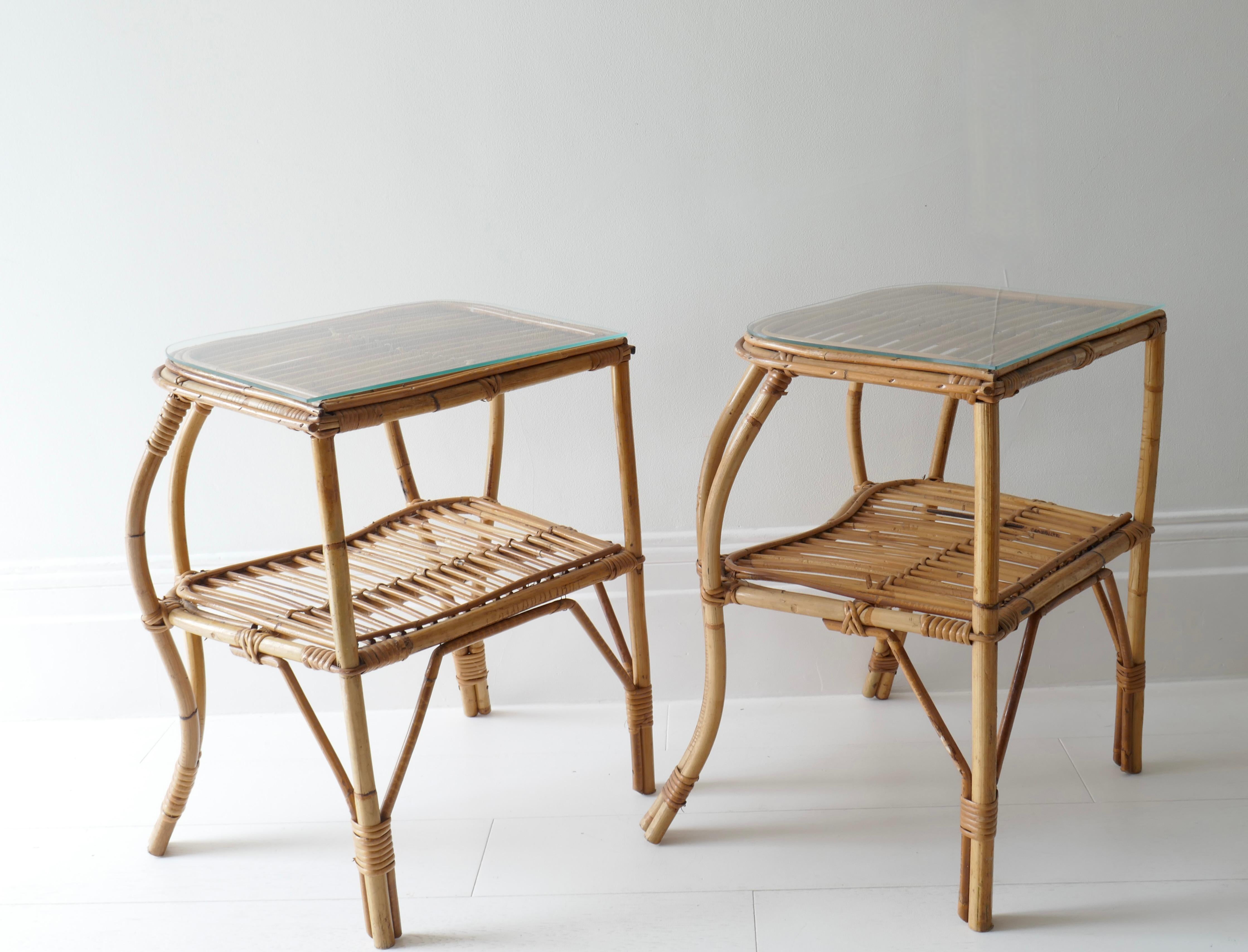 Pair of Two Tiered Rattan and Bamboo Side Tables, Italy, 1960s   2