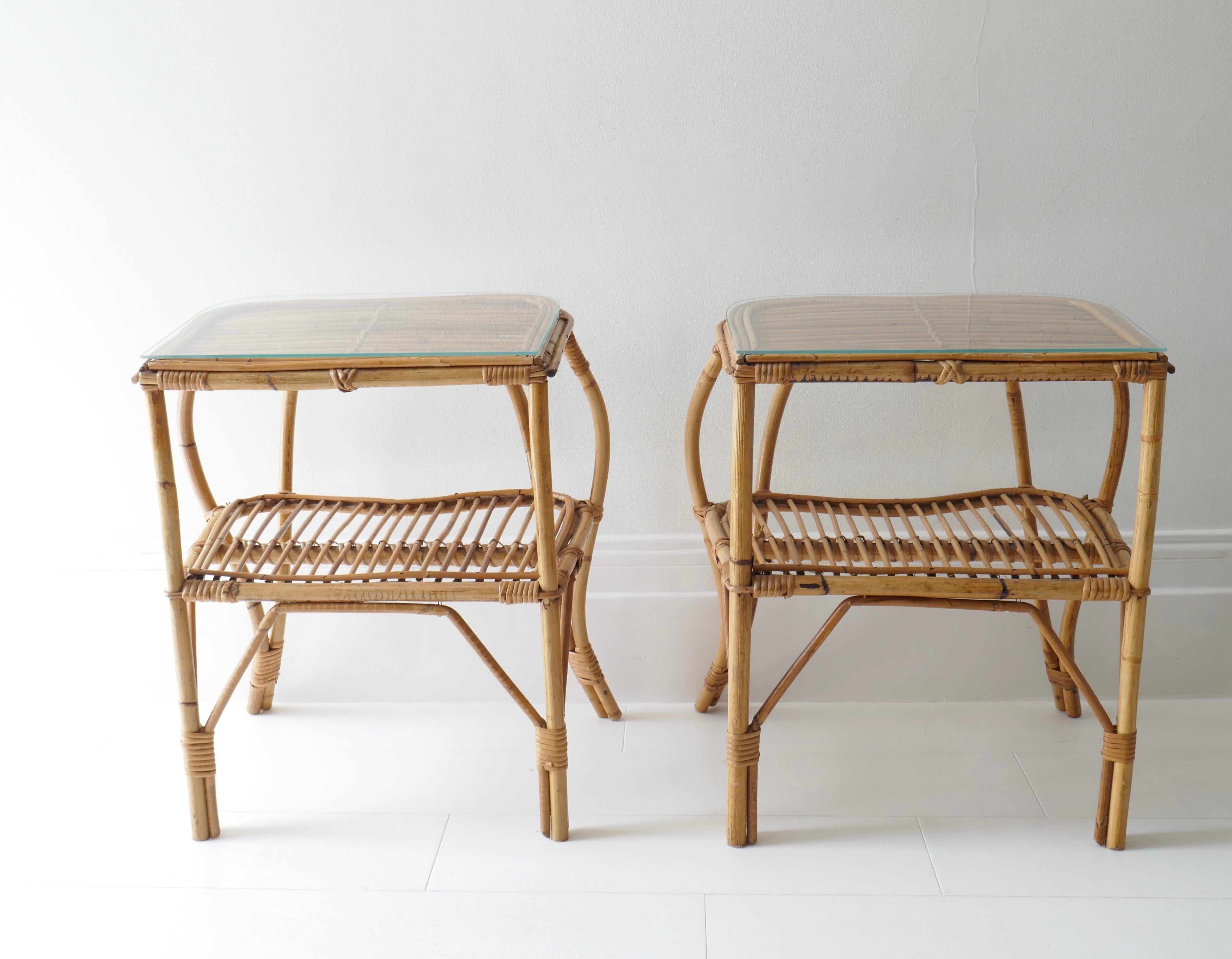 Pair of Two Tiered Rattan and Bamboo Side Tables, Italy, 1960s   3
