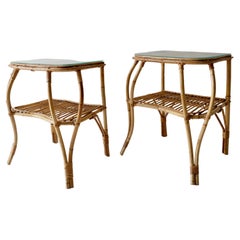 Pair of Two Tiered Rattan and Bamboo Side Tables, Italy, 1960s  