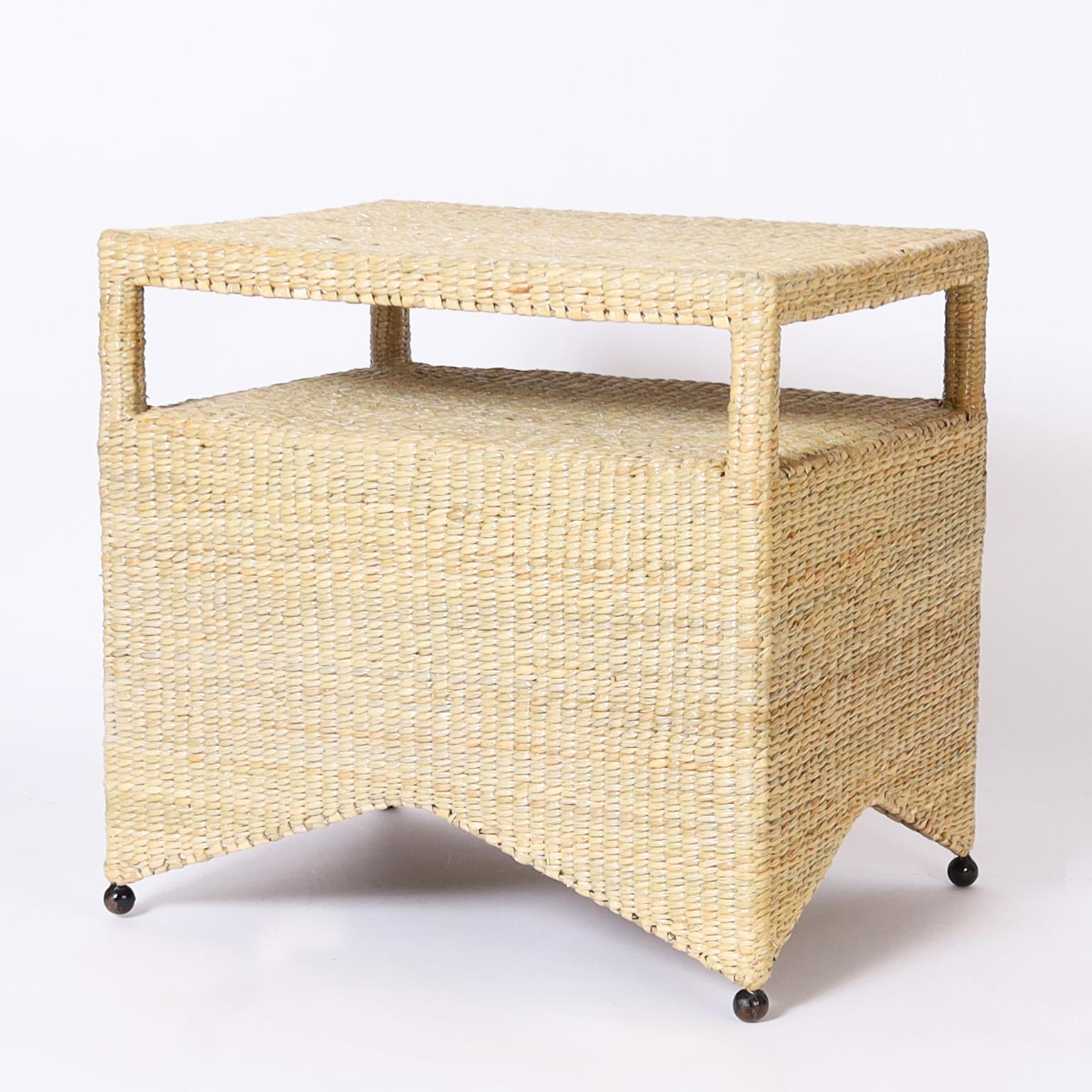 Organic Modern Pair of Two Tiered Wicker Stands from the FS Flores Collection For Sale