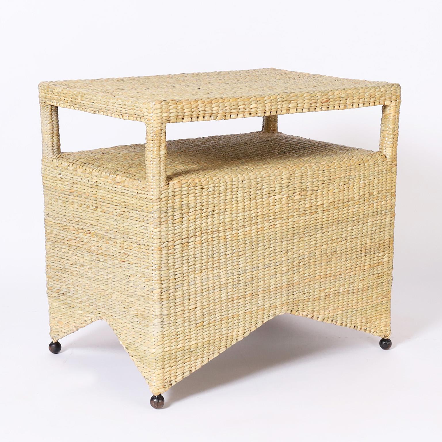 Hand-Woven Pair of Two Tiered Wicker Stands from the FS Flores Collection For Sale