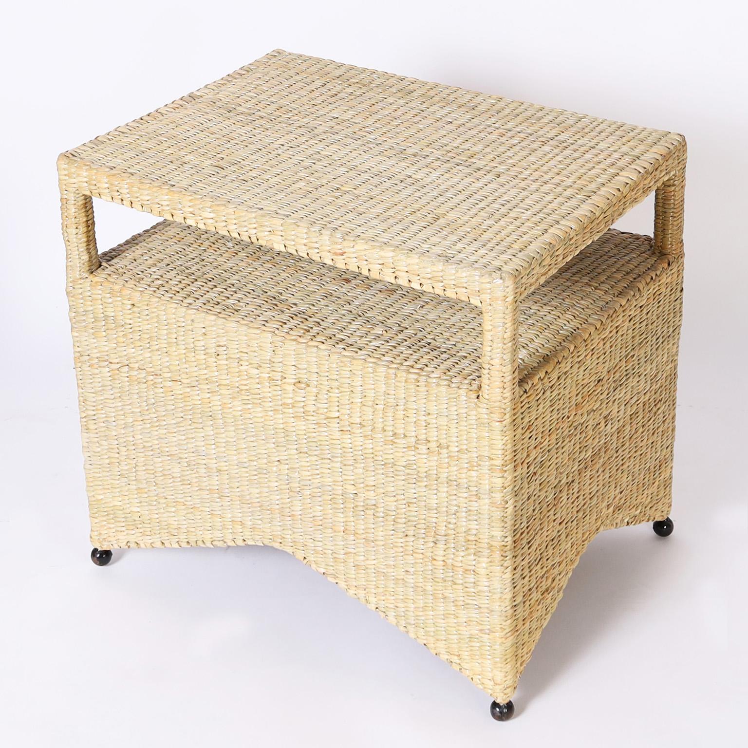 Pair of Two Tiered Wicker Stands from the FS Flores Collection In Excellent Condition In Palm Beach, FL
