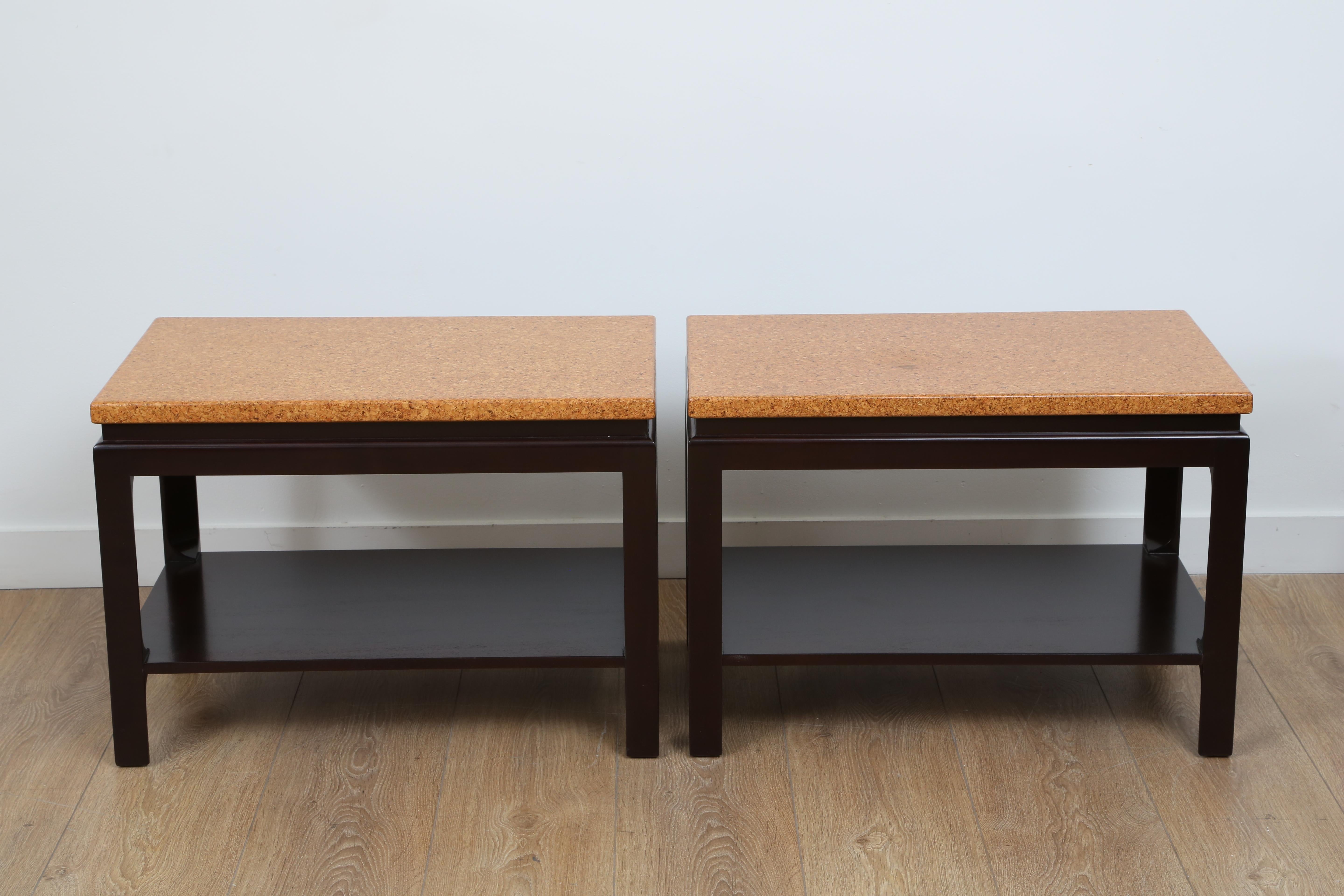Pair of two-tier cork top and mahogany end tables by Paul Frankl for Johnson Furniture Co. 
These tables have been restored to perfection, 
USA, circa 1950. 
 