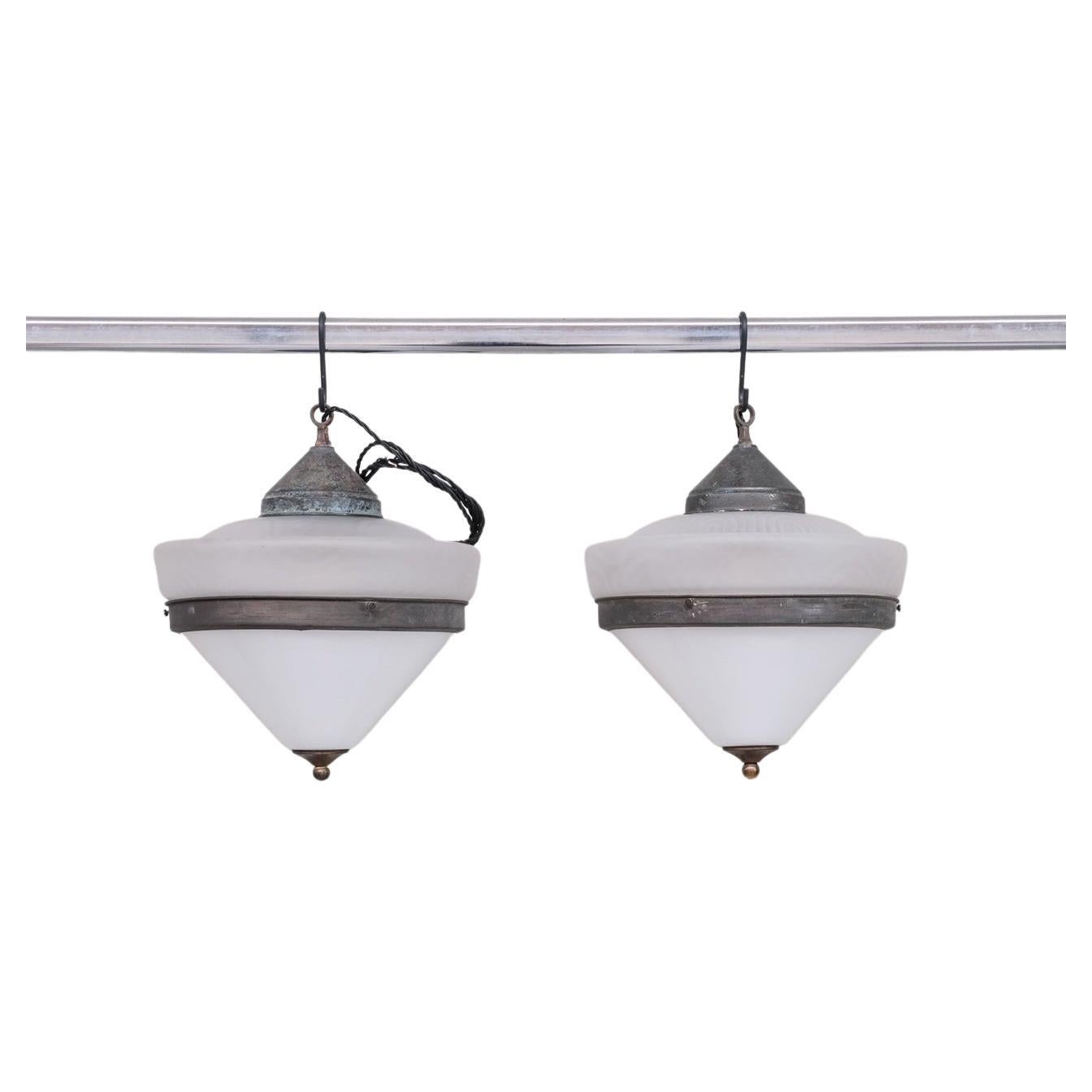 Pair of Two Tone Antique French Pendant Lights For Sale