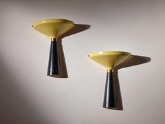 Pair of two-tone enamelled metal and brass wall lights by Stilnovo, Italy, 1950s